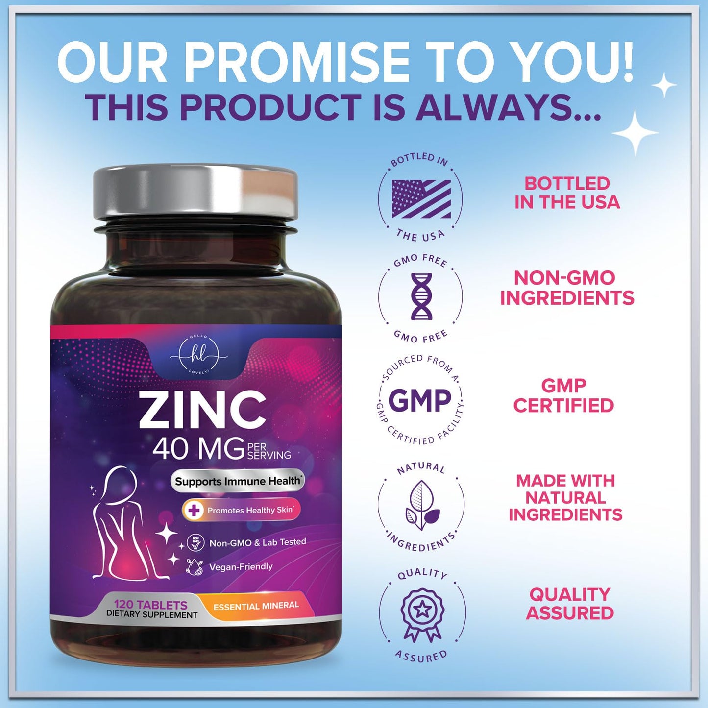 Hello Lovely! Zinc 40mg Tablets, 120 Count