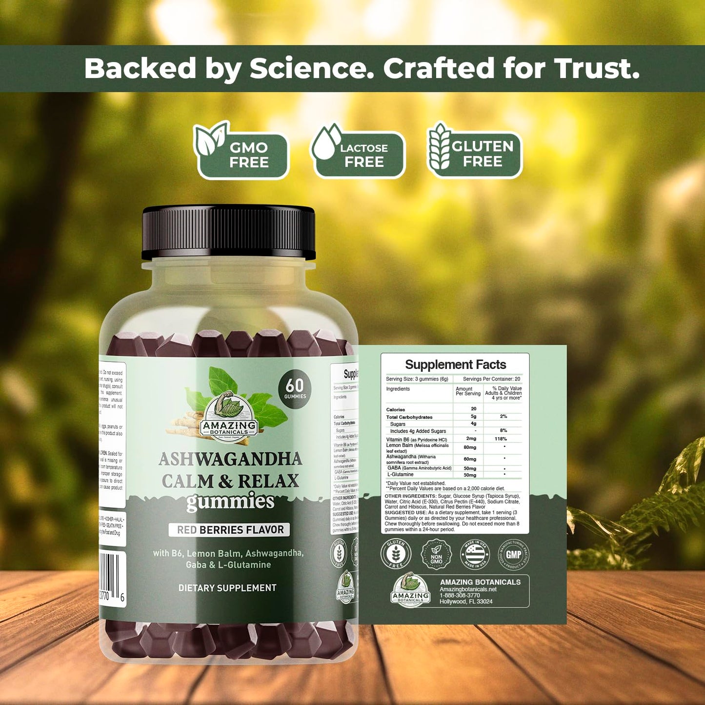 Amazing Botanicals Ashwagandha Calm & Relax Gummies with Vitamin B6, Lemon Balm, GABA & L-Glutamine, 60 Gummies