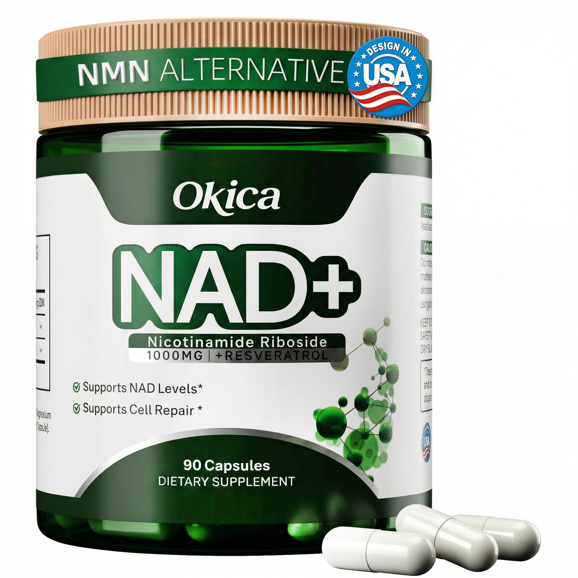Okica NAD+ Supplement with Nicotinamide Riboside & Resveratrol 1000mg Capsules, 90 Count