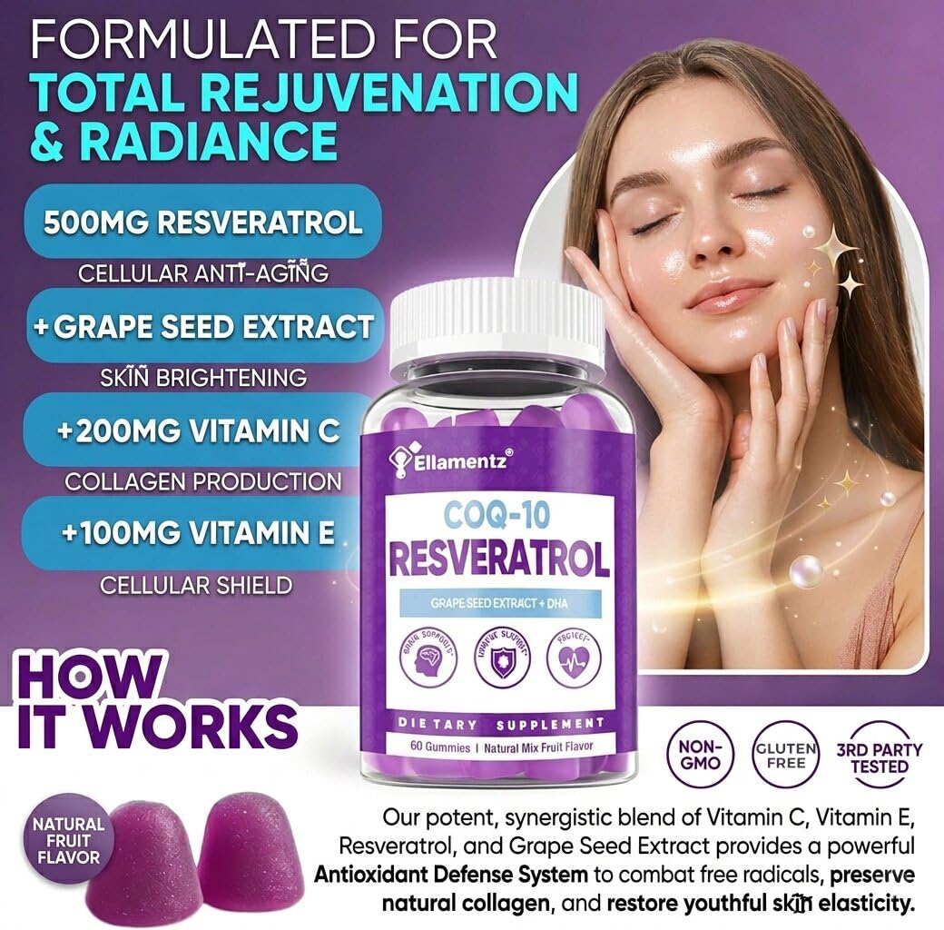 ELLAMENTZ 7-in-1 Trans-Resveratrol Gummies 500mg Complex with CoQ10, DHA, Vitamin C, E & Grape Seed - 120 Count