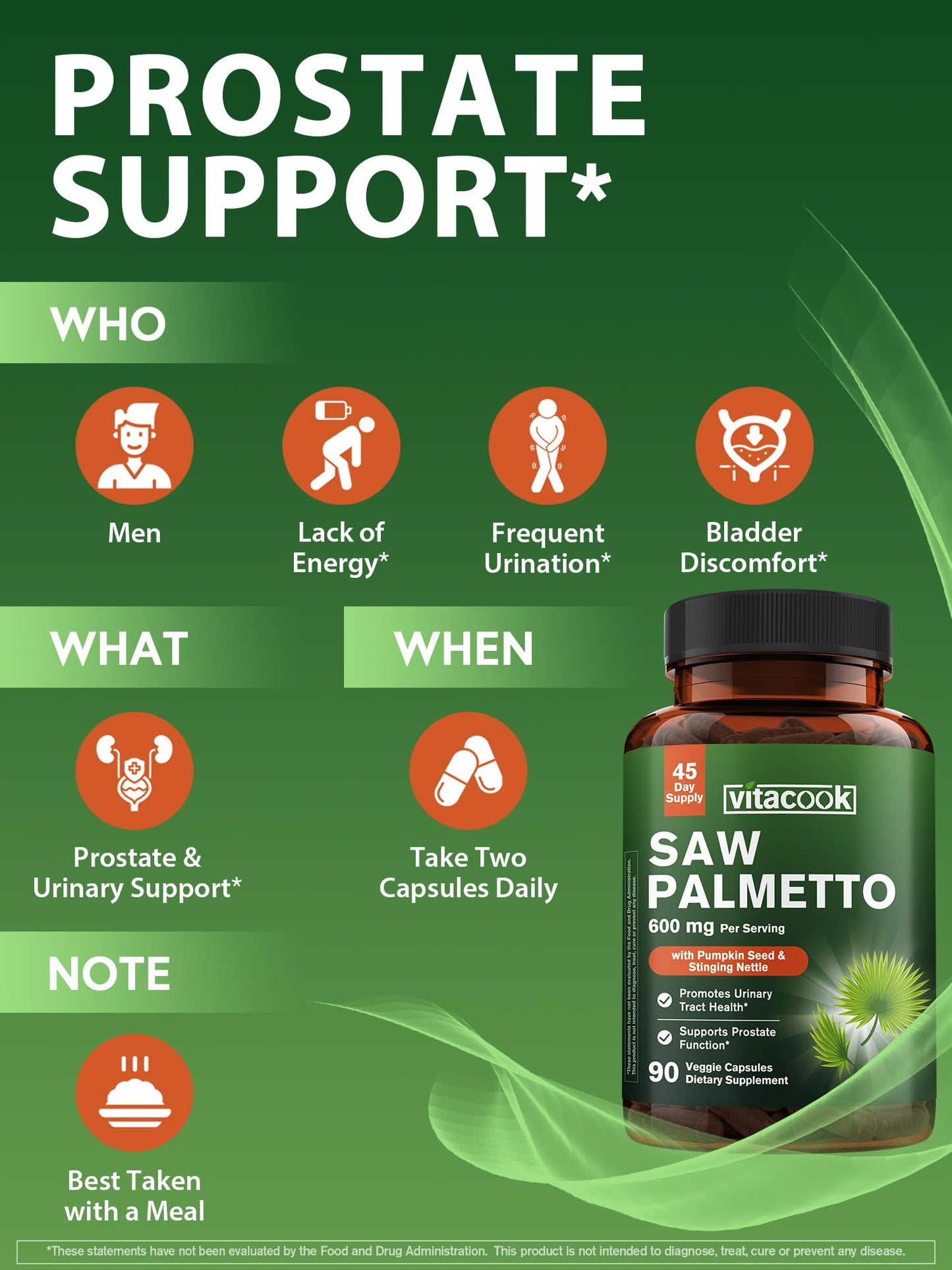 Vitacook Saw Palmetto Supplement for Men 600mg Capsules 90 Count