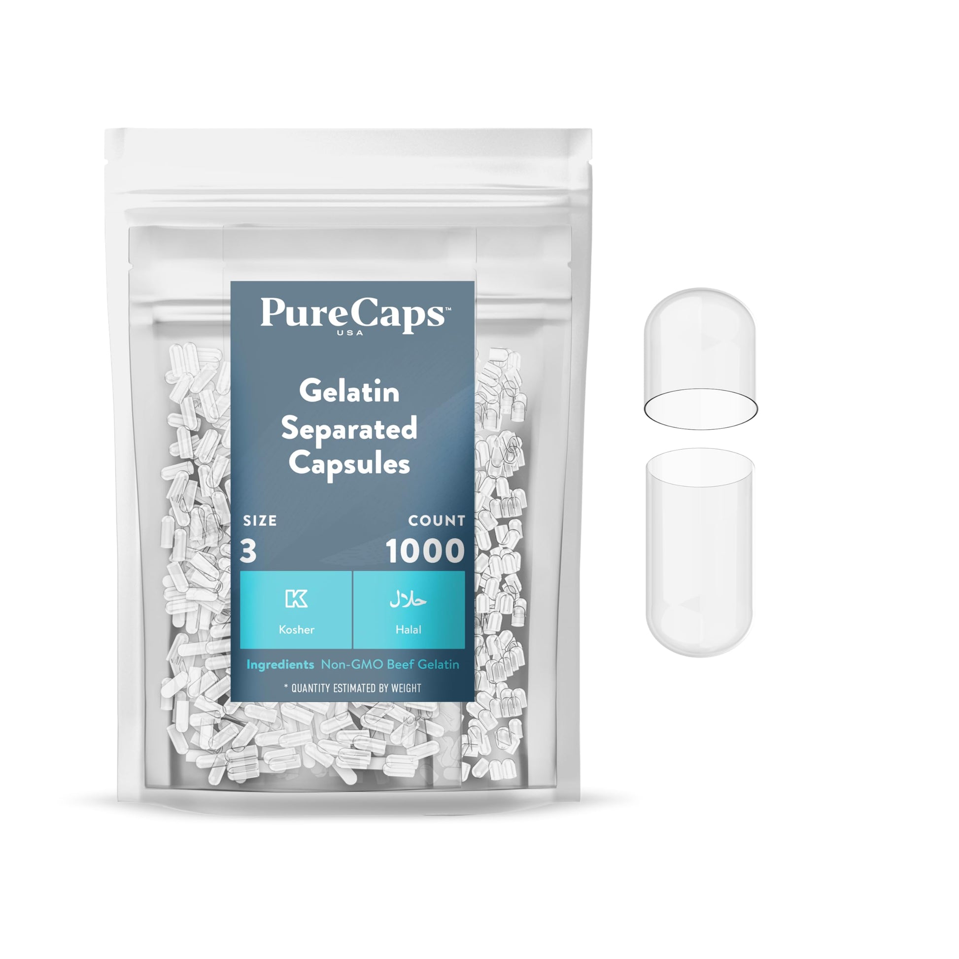 PureCaps USA Empty Gelatin Capsules Size 3, 1,000 Capsules