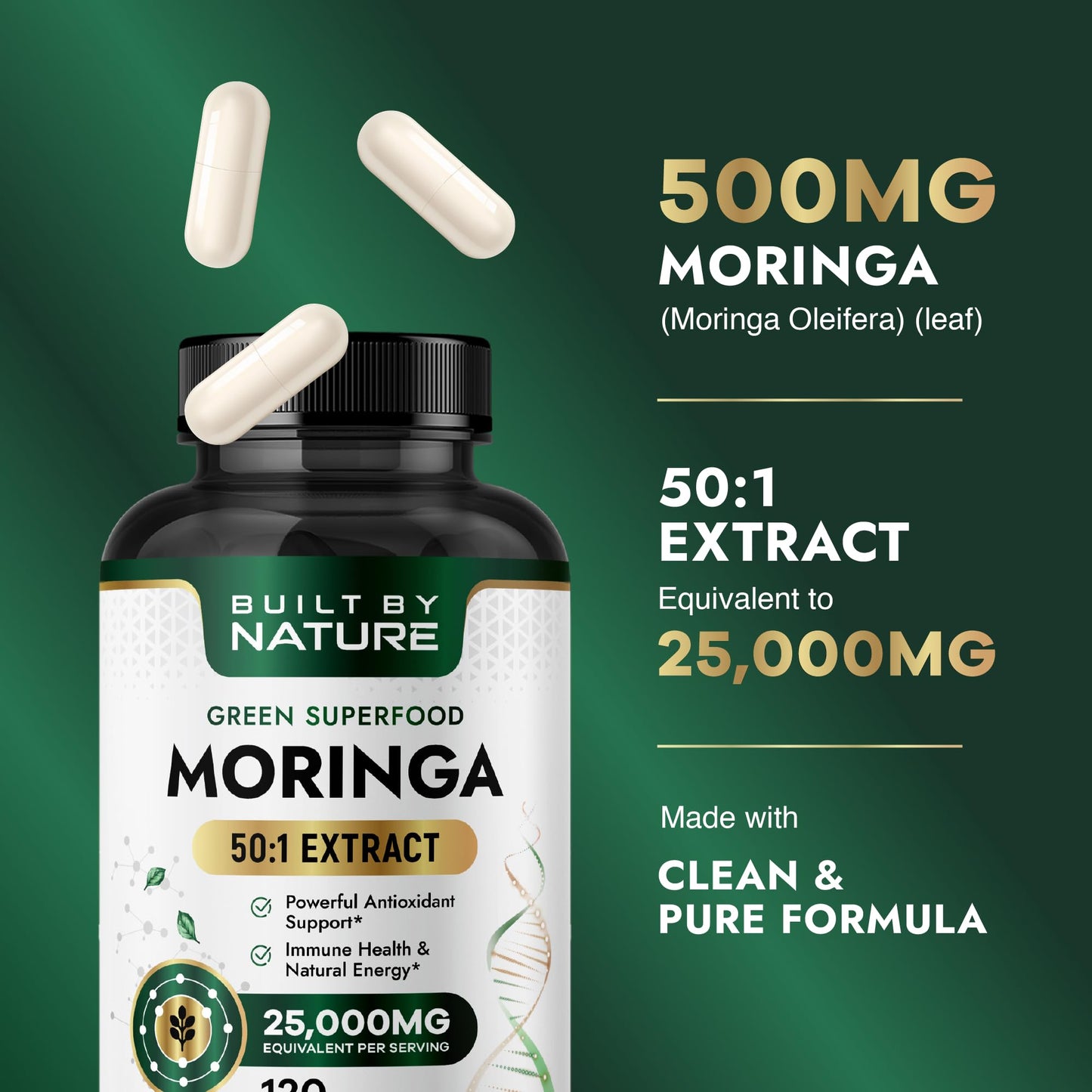 Built by Nature Moringa 500mg Pure Moringa Leaf Extract 50:1 per Serving High Potency Moringa Supplement Capsules 120