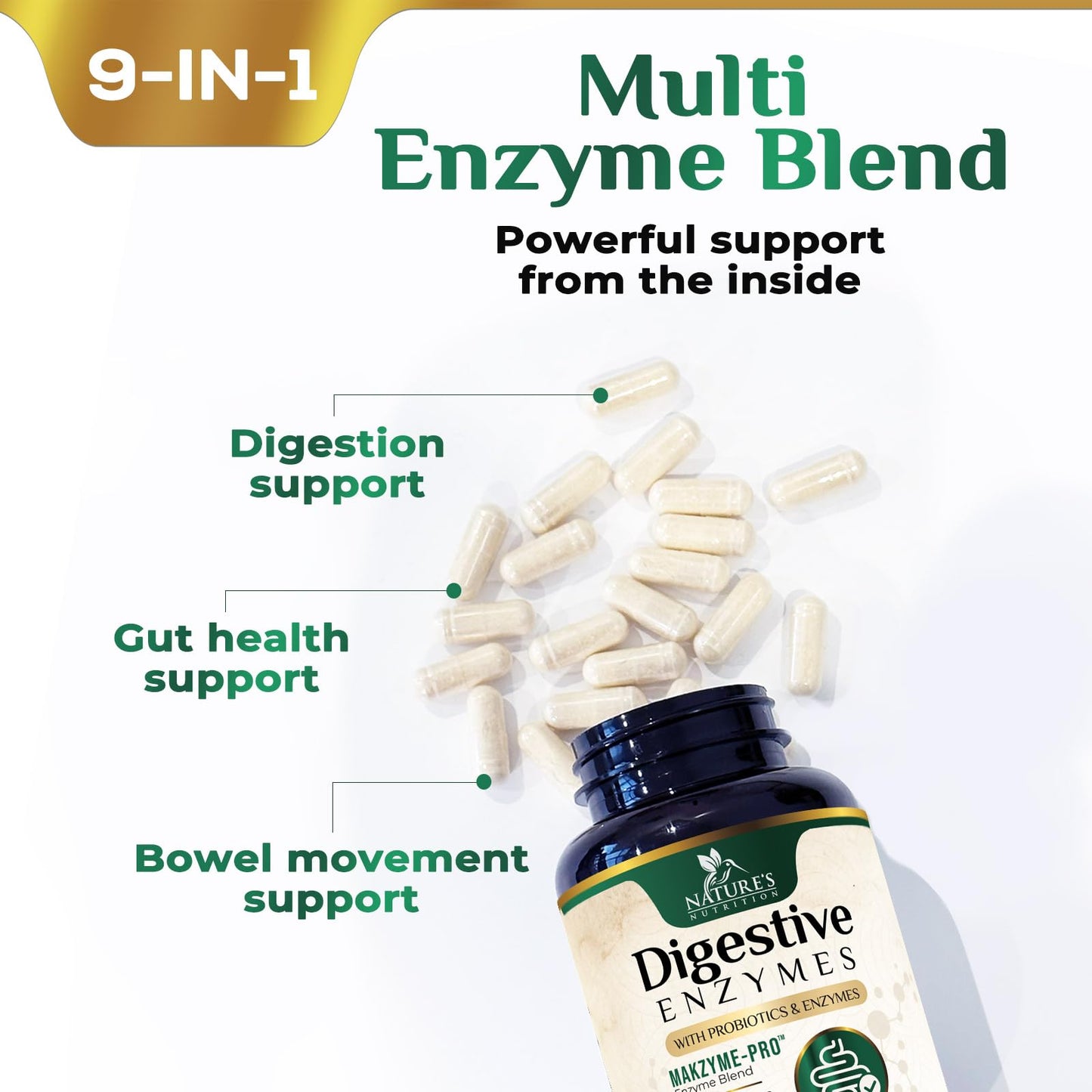 Nature's Nutrition Digestive Enzymes - Super Digestive Multi Enzyme Complex for Bloating & Gut Health Support with Bromelain, Papain, Probiotics & Prebiotics - Digestion Health Support for Women & Men Capsules, 120 Count