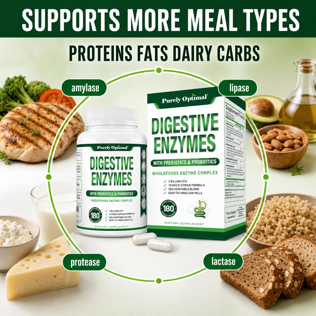Purely Optimal Digestive Enzymes for Women and Men – Multi-Enzyme Supplement for Bloating Relief, Digestion and Heavy Meal Support – with Probiotics and Prebiotics for Gut Health, 180 Capsules