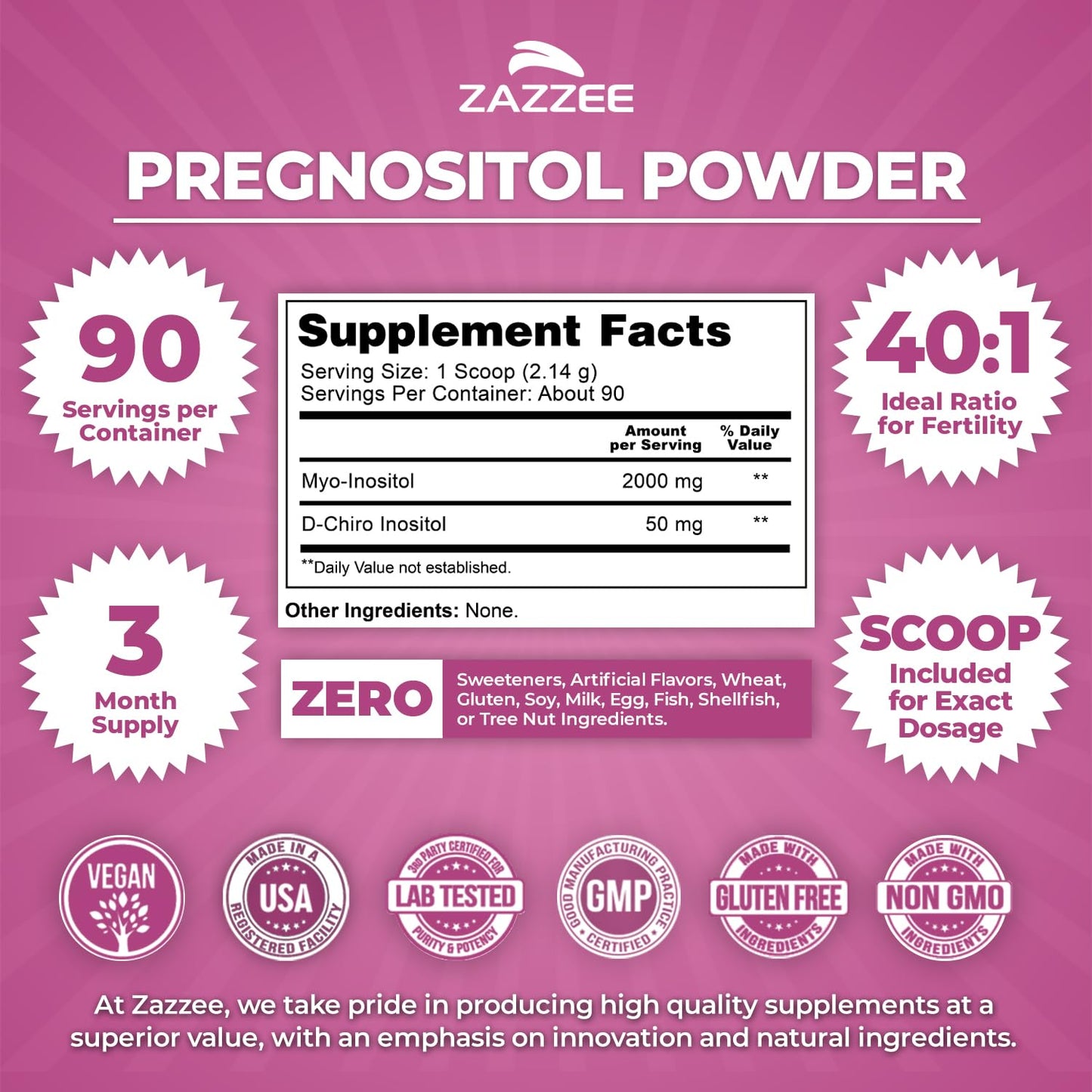 Zazzee PREGNOSITOL Powder, Myo-Inositol & D-Chiro Inositol 6.51 Ounce