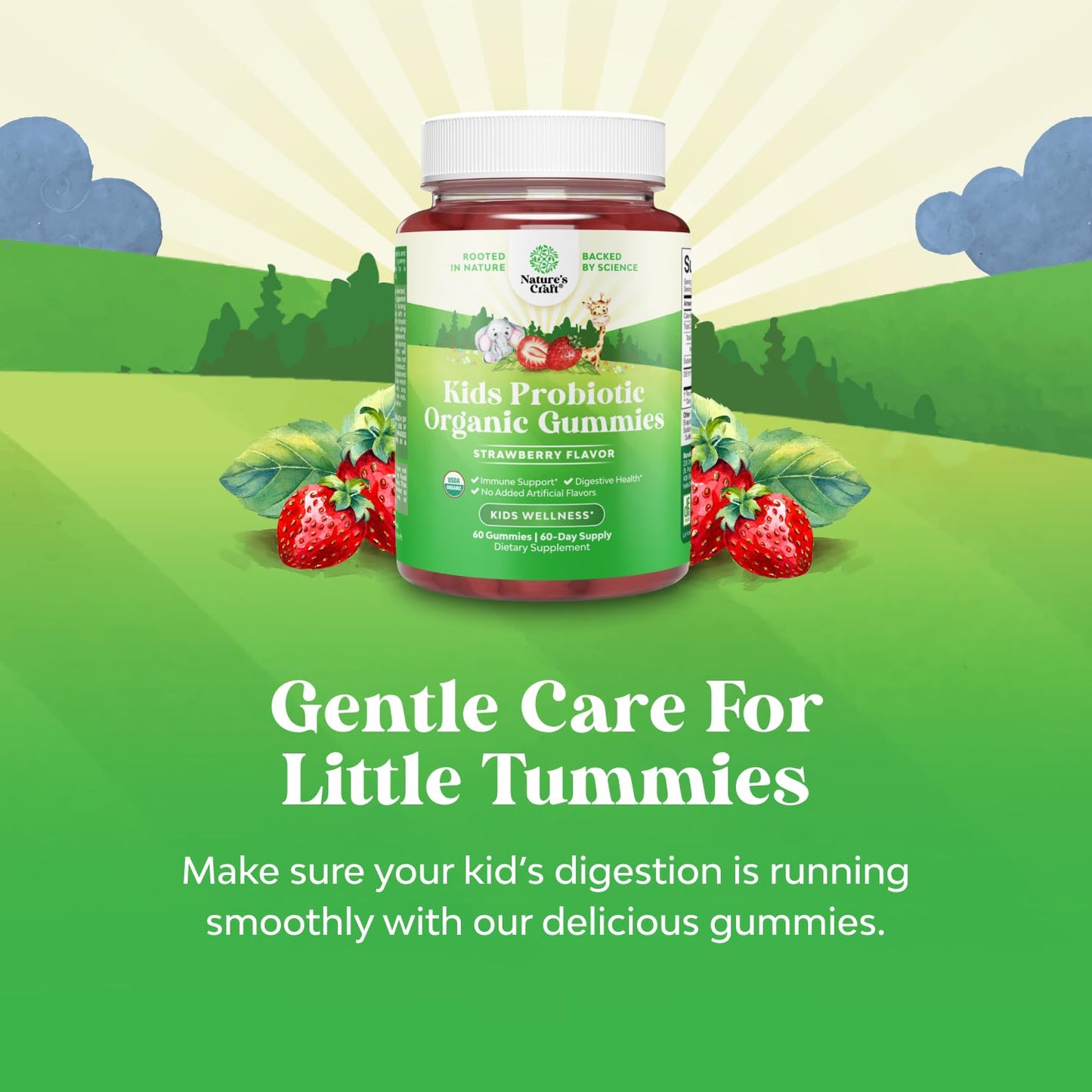 Natures Craft USDA Organic Probiotic Gummies for Kids - Strawberry Flavor, Vegan Non-GMO, Gentle 2.5B CFU Probiotics, 120 Count