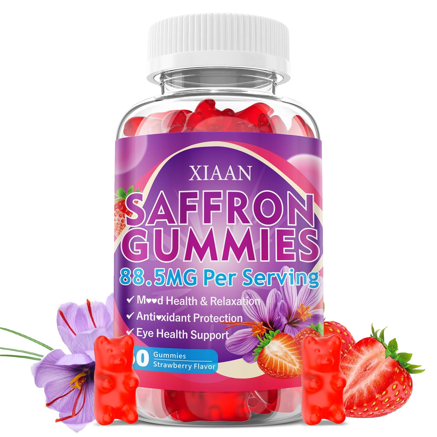 XIAAN Saffron Gummies 88.5mg Saffron Extract with Ashwagandha & L-Theanine, 60 Count