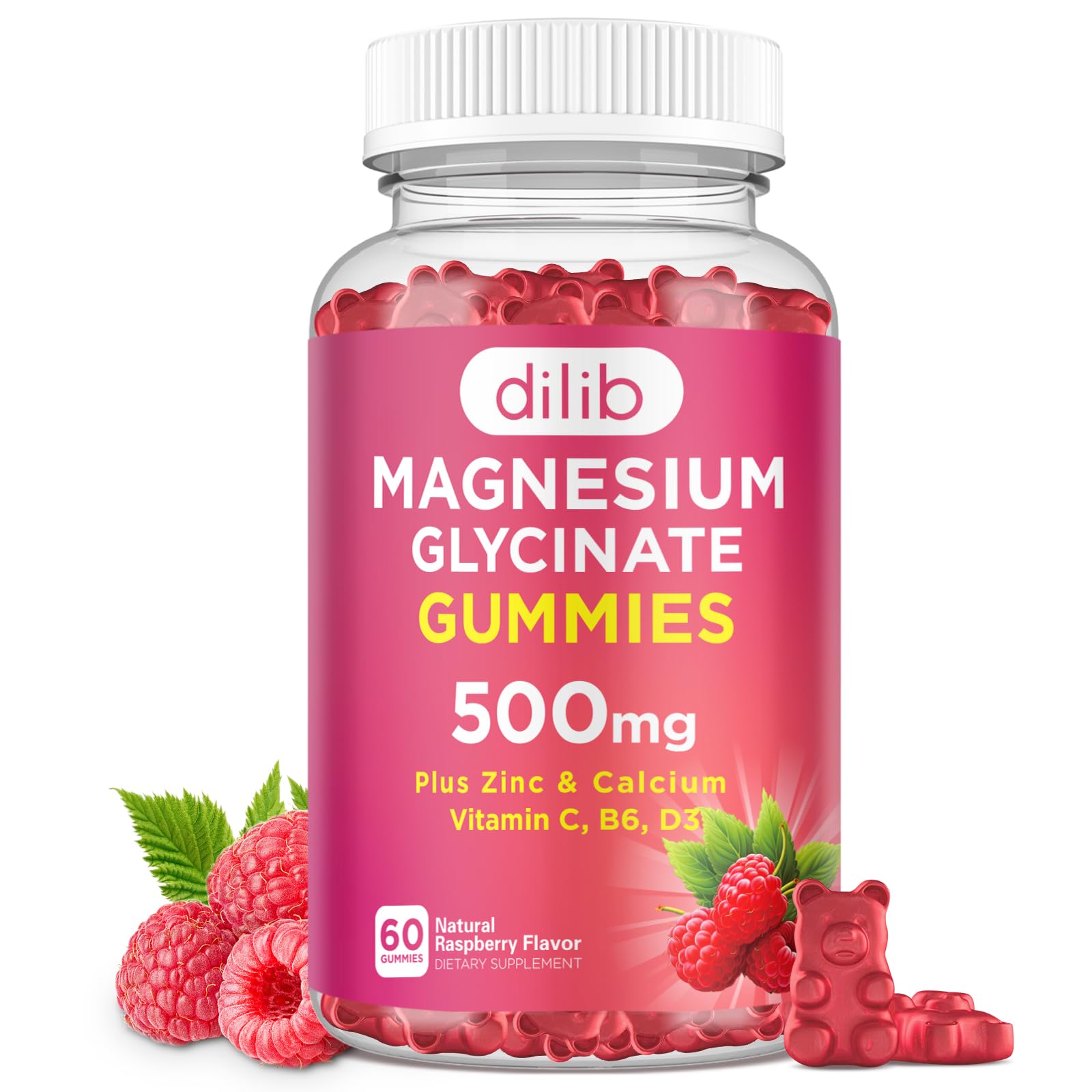 dilib Magnesium Glycinate Gummies 500mg Magnesium Supplement with Calcium, Zinc, Vitamin C, B6, D3 - Calm Chewable Gummies for Kids & Adults - Sleep, Mood & Muscle Support - Raspberry Flavor, 60 Gummies