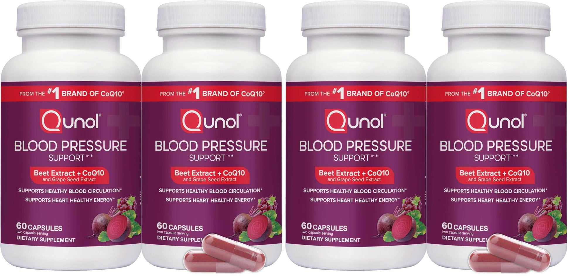 Qunol Blood Pressure Support 3 in 1 Beets + CoQ10 + Grape Seed Extract Capsules 240 Count