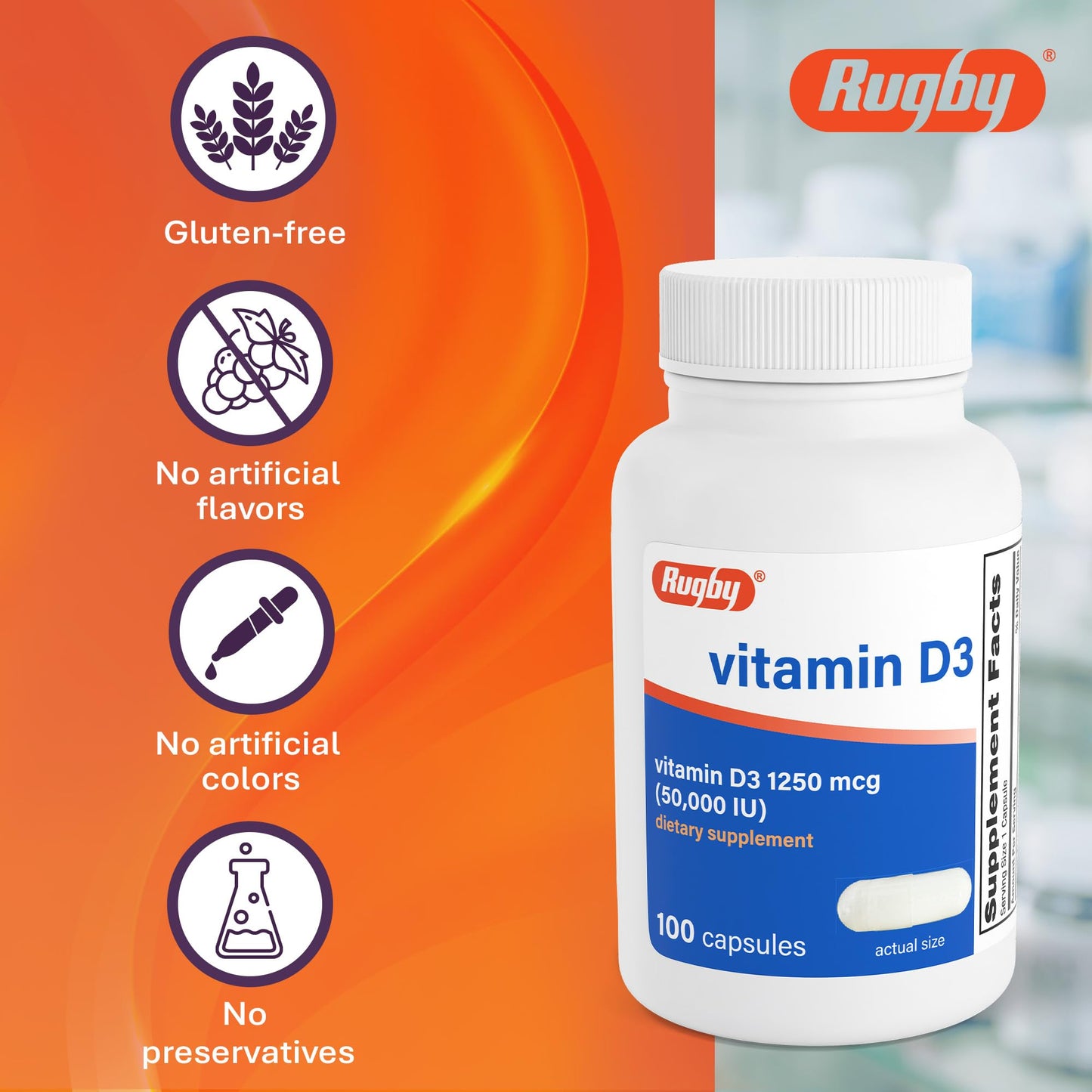Rugby Laboratories Vitamin D3 50,000 IU (1250 mcg) - High-Potency Vitamin D Supplement for Bone, Teeth, and Immune Health, 100 Capsules