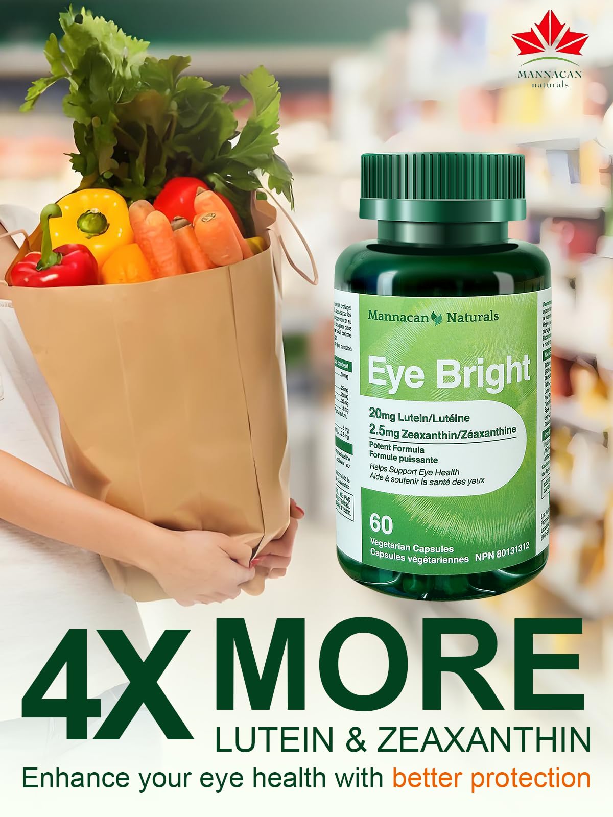 MANNACAN NATURALS Lutein 20mg & Zeaxanthin Eye Health Capsules, 60 Count