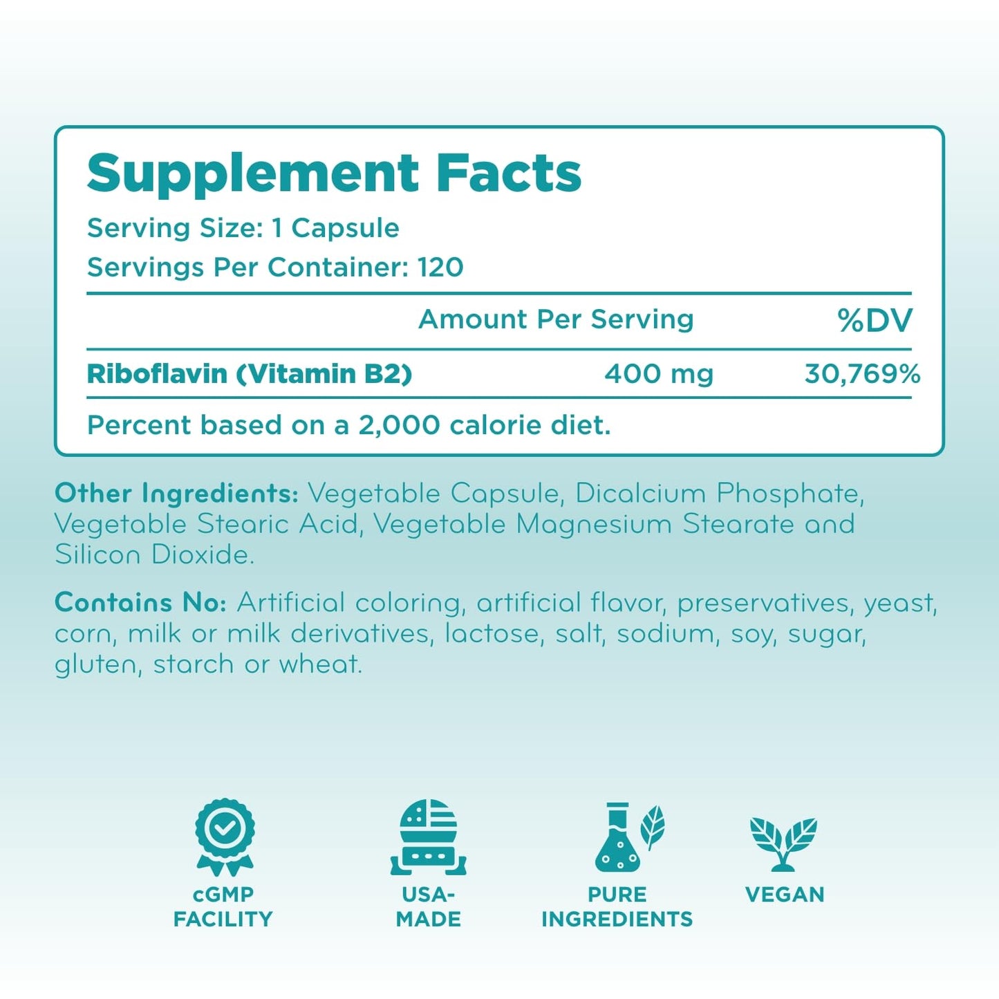 Clear Formulas Vitamin B2 Riboflavin 400mg Capsules 120 Count