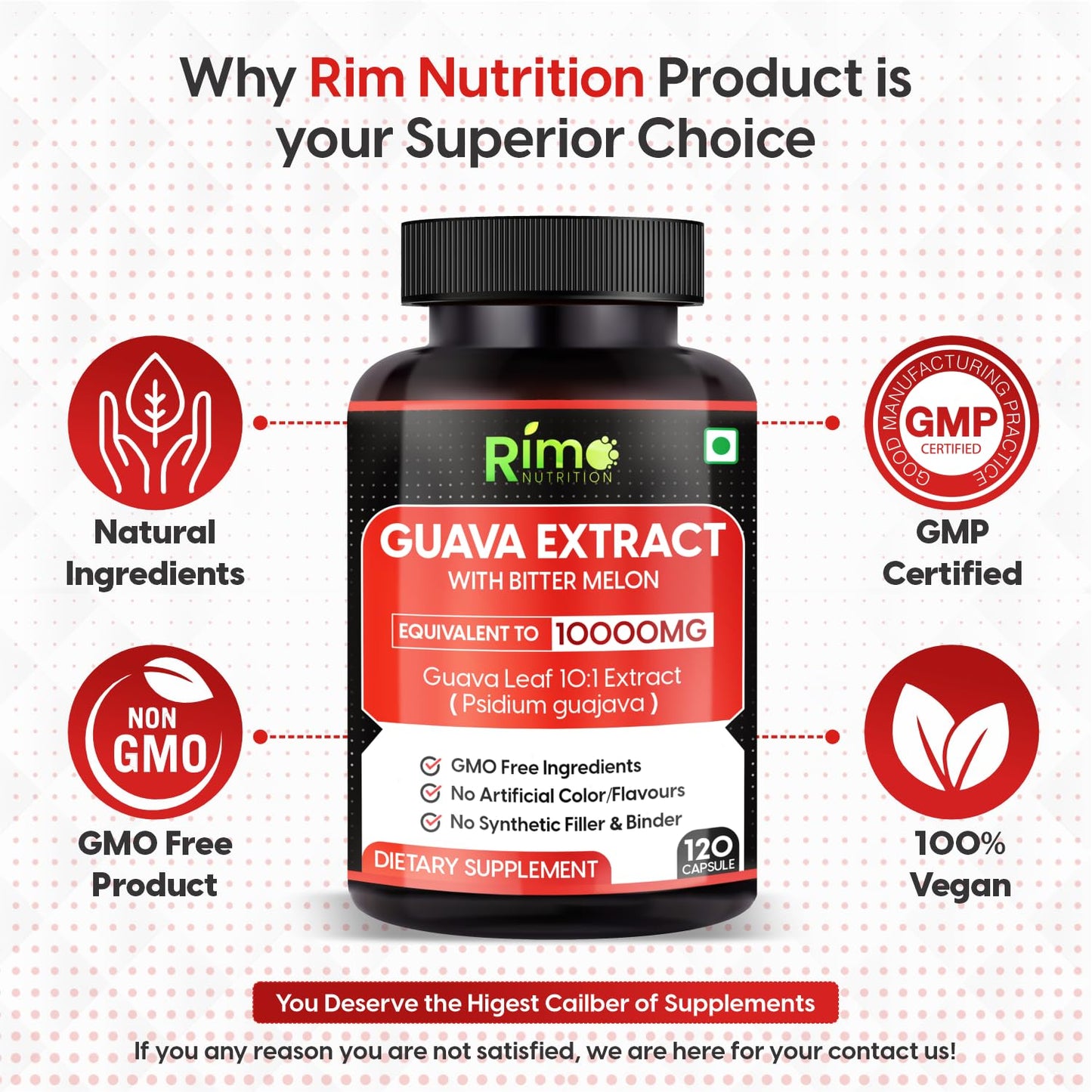 Rimo Nutrition Guava Leaf Extract with Bitter Melon 1000 mg Per Serving Capsules, 120 Count
