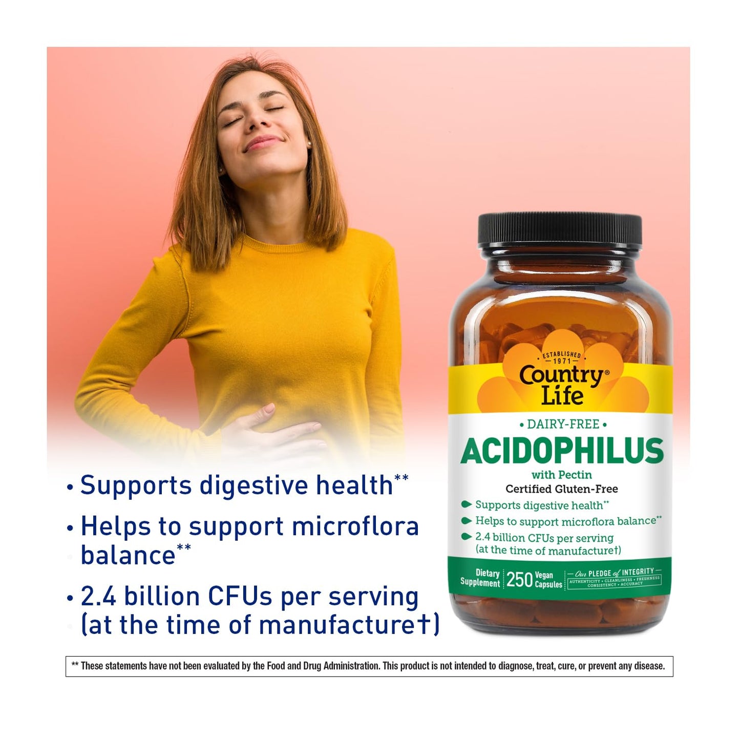 Country Life Acidophilus Probiotic Supplement for Women & Men, 2.4 Billion CFUs, Dairy-Free, Non-GMO, 250 Capsules