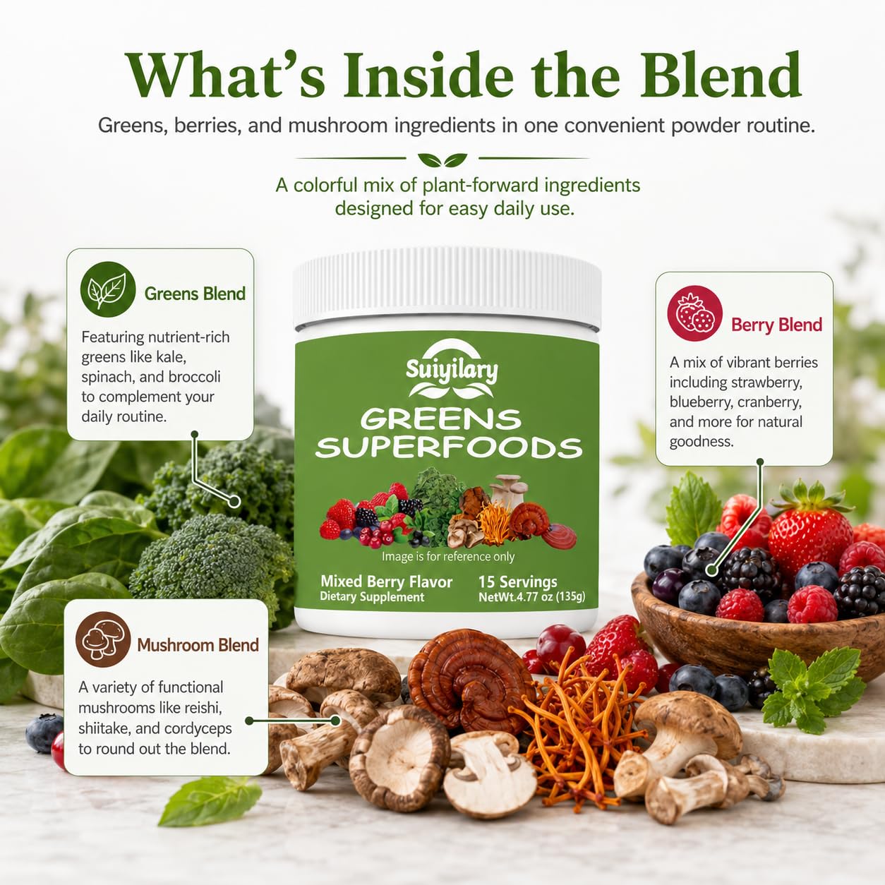 Suiyilary Greens Superfoods Powder for Digestive Health, Spirulina & Chlorella, Mixd Berry, 4.77 oz