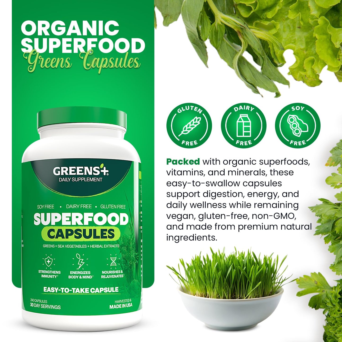 Greens+ Organic Superfood Capsules, 240 Count