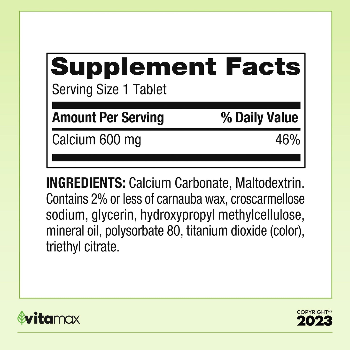 Generic SV Calcium 600 mg Tablets, 100 Count