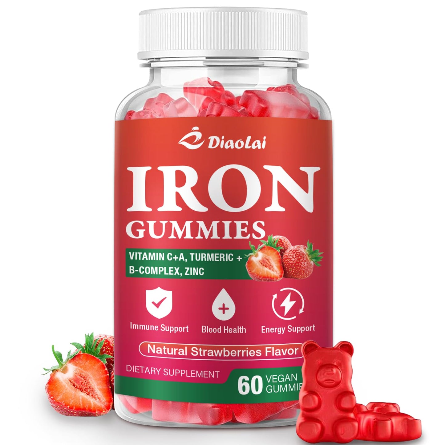 DIAOLAI Vegan Iron Gummies - High Potency Iron Supplement for Women & Men - Strawberry Flavor, 60 Count