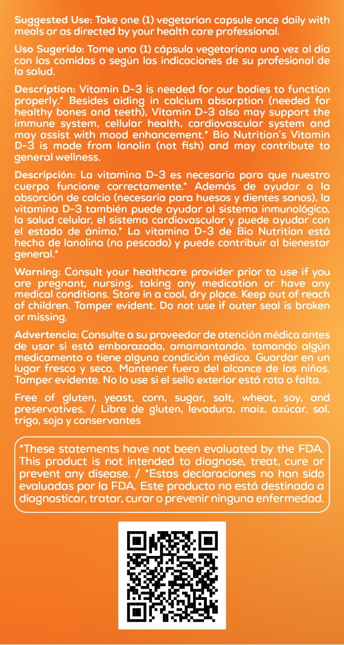Bio Nutrition Vitamin D3 12,000 IU Vegi-Caps Capsule 50 Count