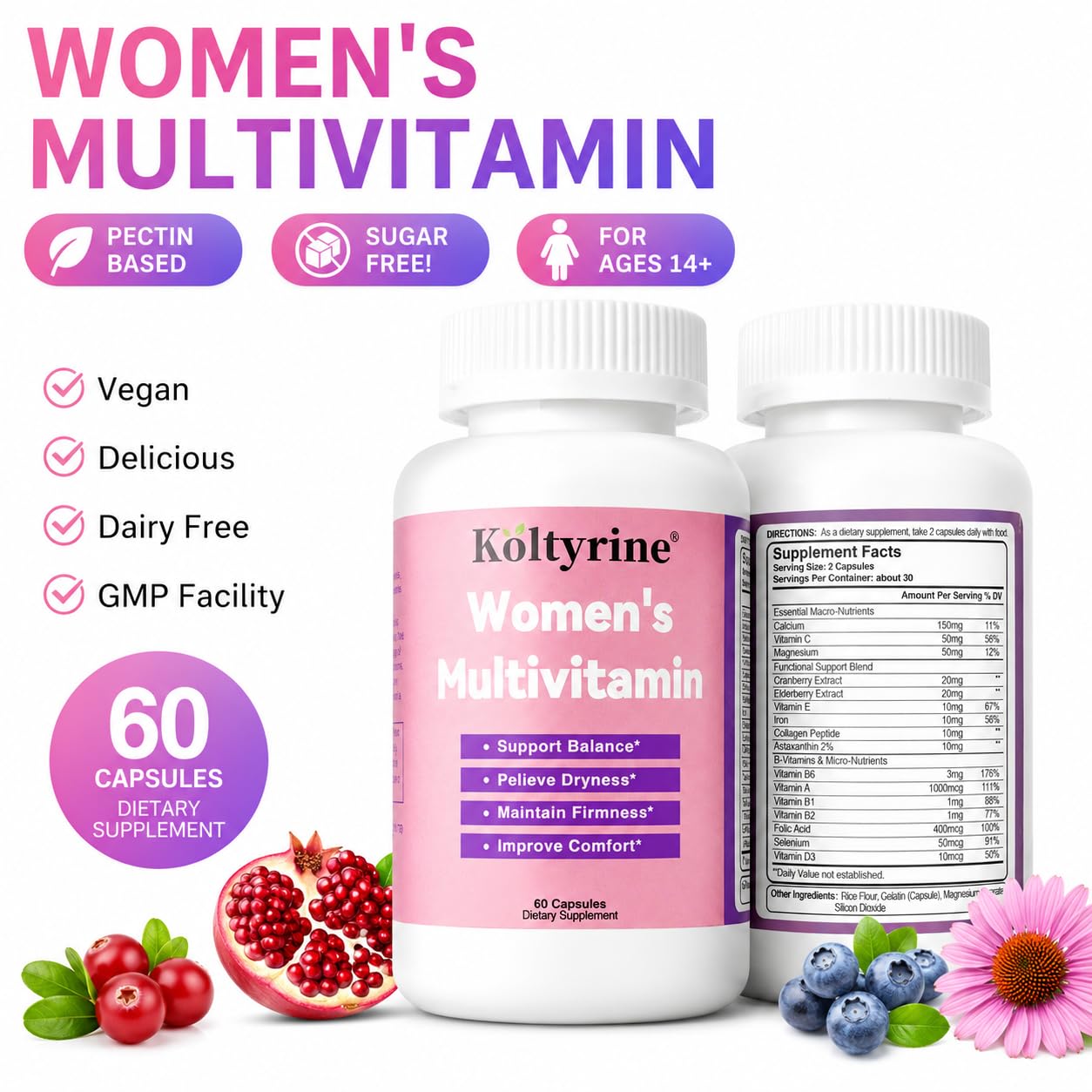 Koltyrine Vimerson Health Multivitamin for Women 13-in-1 Vitamin Complex with Biotin, Collagen & Keratin Vitamins B Complex, A, C, D3, E & K2 Hair Skin Nails & Energy Support Capsules 60