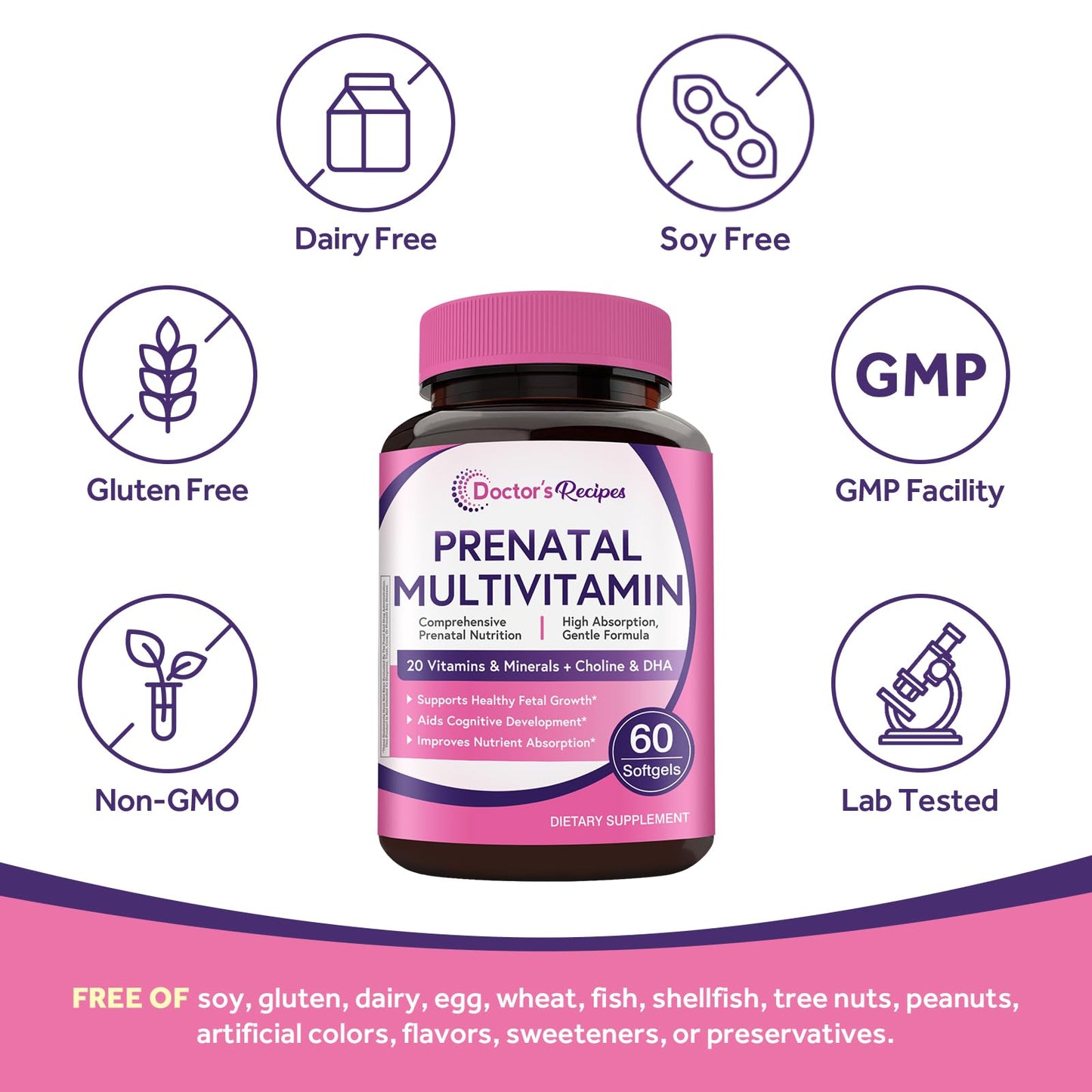Doctor's Recipes Prenatal Multivitamin with DHA & Folate (L-5-MTHF) for Expecting & Planning Moms, 60 Softgels