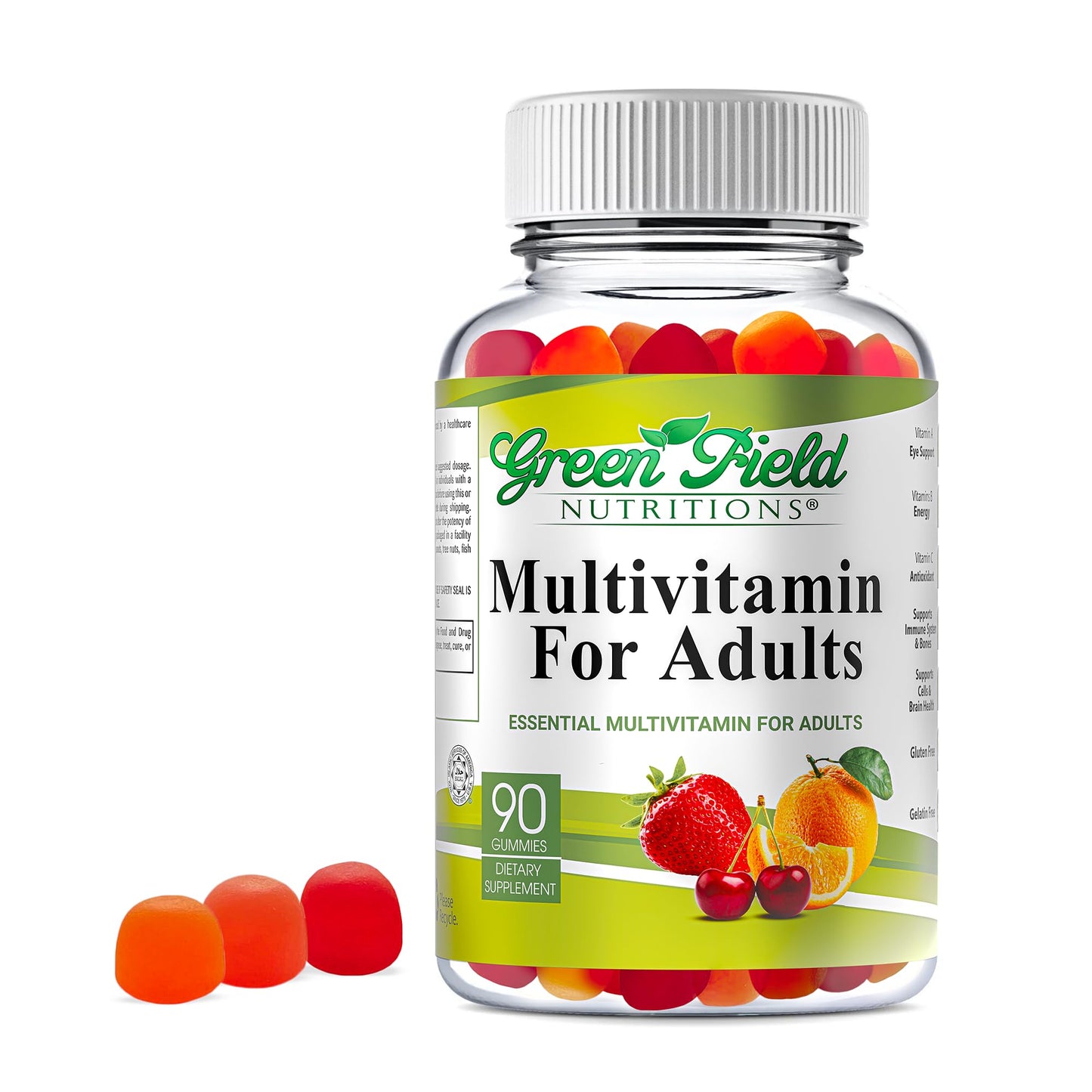 Green Field Nutritions Halal Multivitamin Gummies for Adults Gelatin-Free Chewable Multivitamin with Vitamin D3, B6, B12, Zinc & C – Halal Vitamins for Men and Women, 90 Gummies