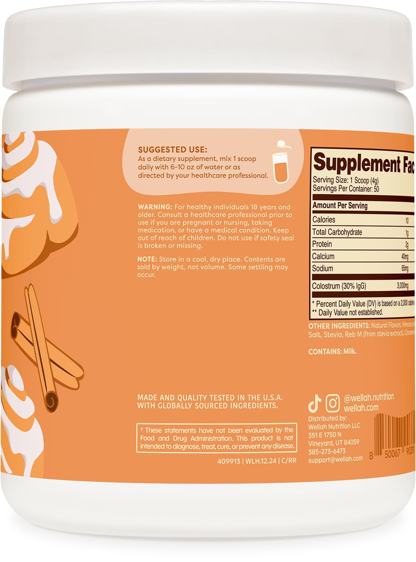 Wellah Colostrum Powder (Cinnamon Roll) 7.1 Ounce