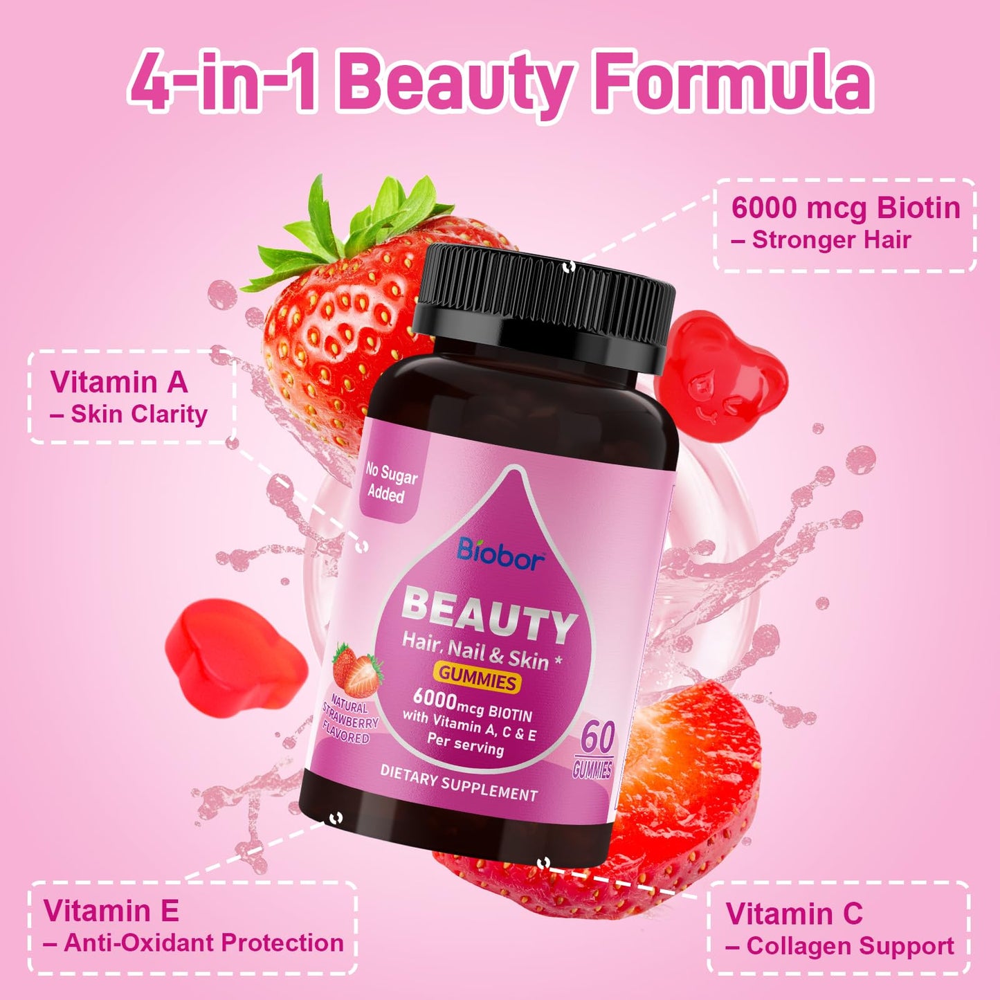Biobor Biotin Gummies, 6000mcg, No Sugar Added, 60 Gummies