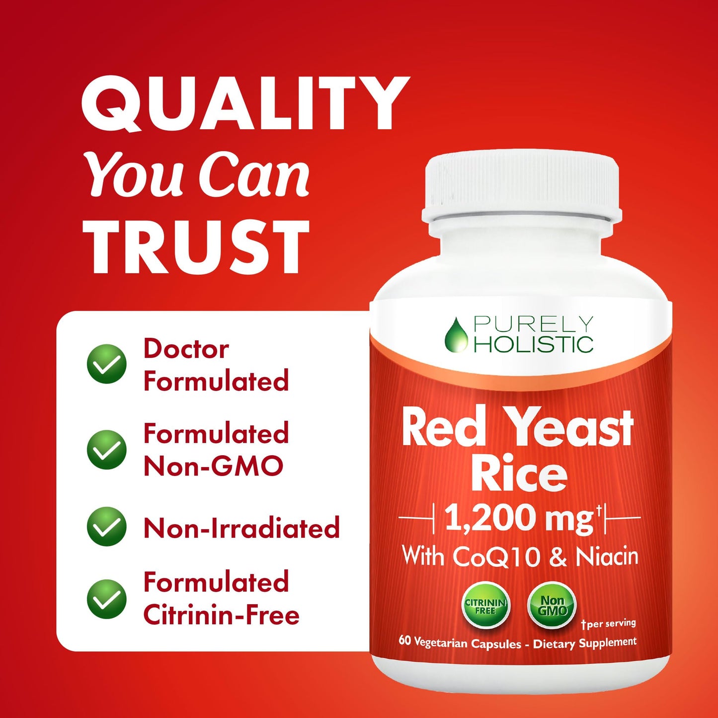 Purely Holistic Red Yeast Rice with CoQ10 Supplement Capsule, 60 Count