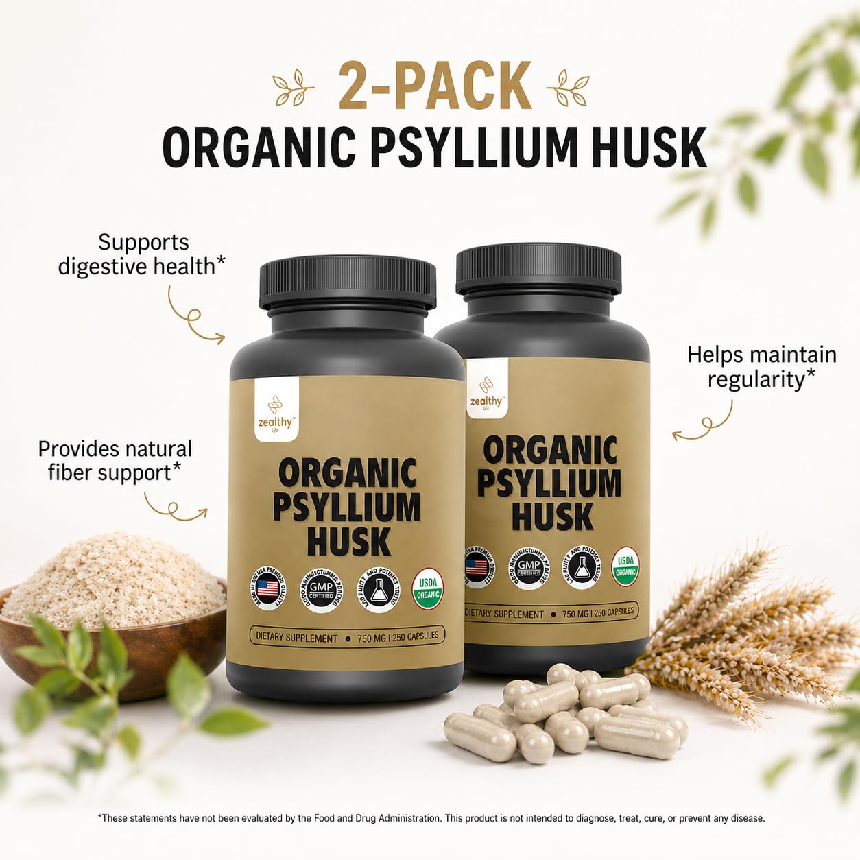Z Zealthy Life Organic Psyllium Husk 750 mg Capsules, Natural Fiber Gut Health Supplement, 250 Count