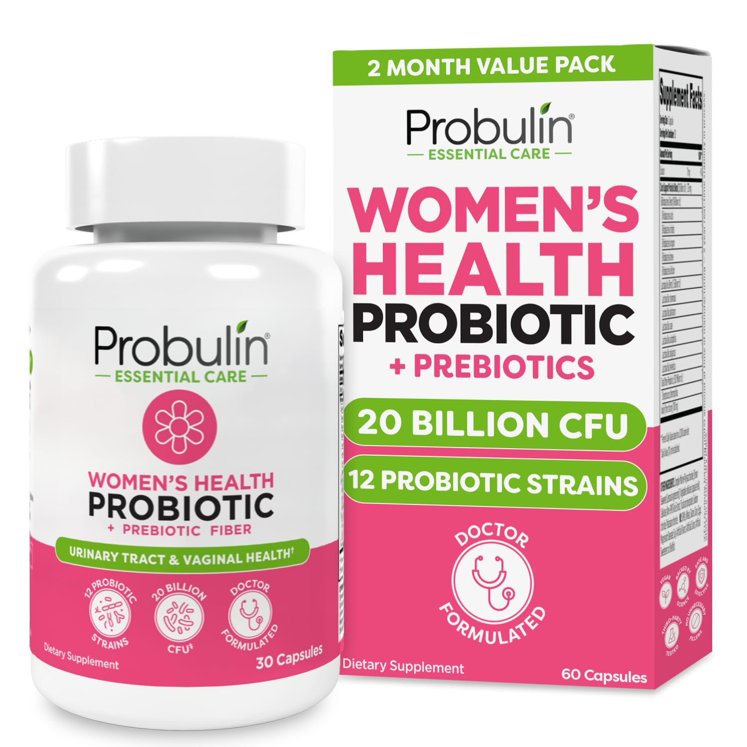 Probulin Women's Probiotic - Vaginal, UT, Gut & Immune Health with Lactobacillus Reuteri - 20 Billion CFU, 12 Probiotic Strains & Prebiotics 60 Capsules