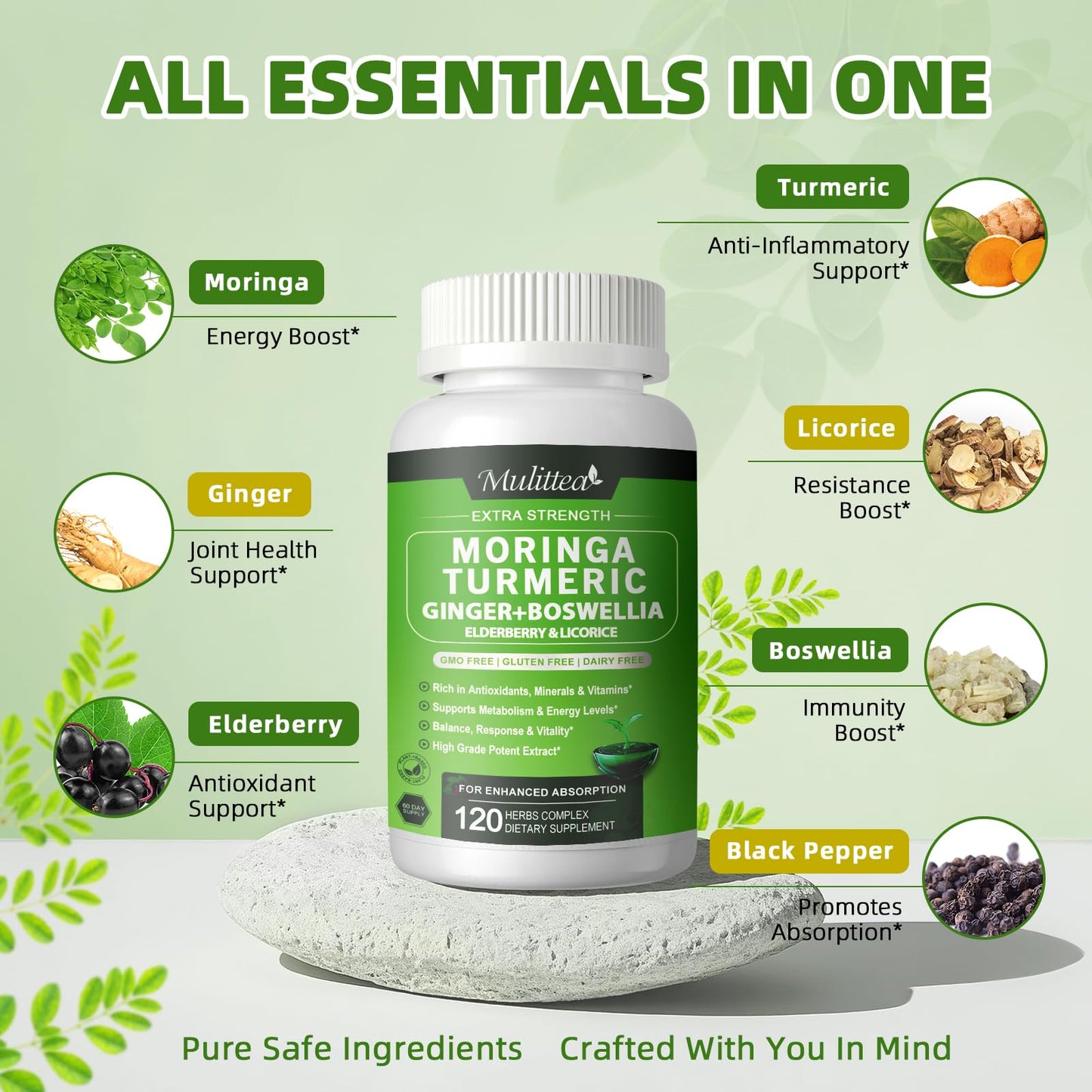 Mulittea Moringa Capsules Organic 1000mg, 7-in-1 Superfood with Turmeric, Ginger, Elderberry, Licorice & Boswellia - Immune, Skin, Gut & Antioxidant Support, Vegan, 240 Capsules
