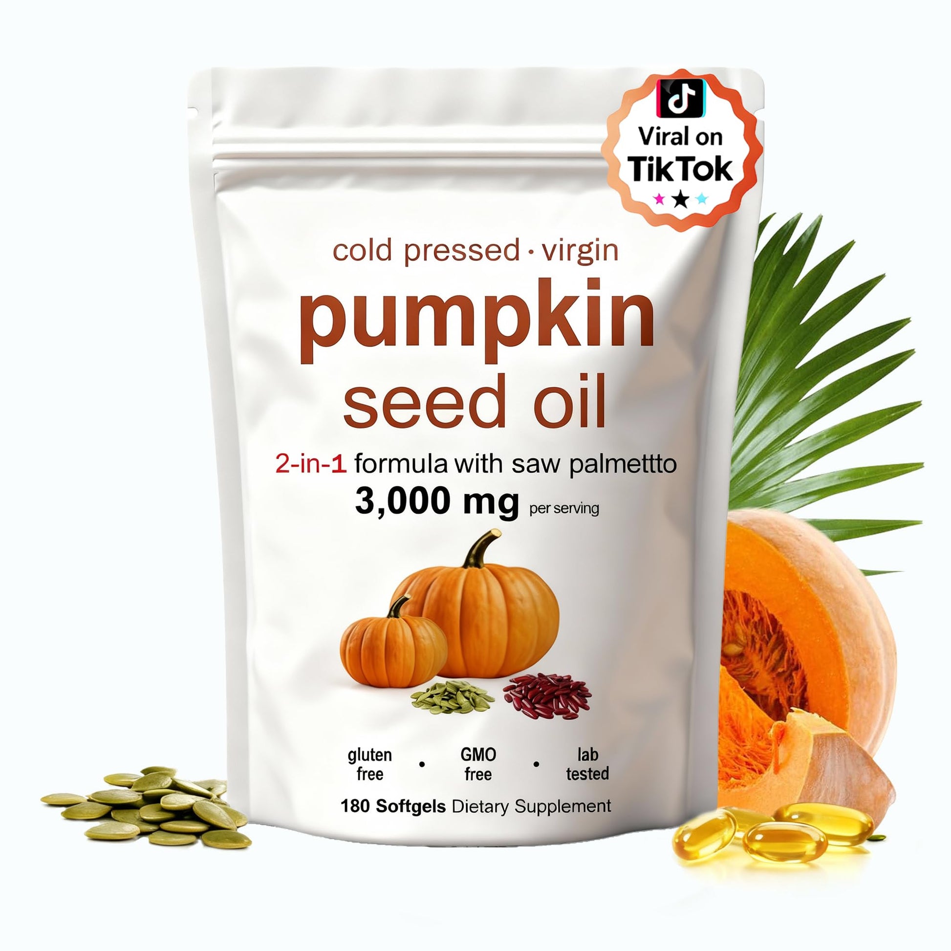 KITABIO Pumpkin Seed Oil Capsules with Saw Palmetto 3000mg Cold Pressed for Hair Growth - Non-GMO, 180 Softgels