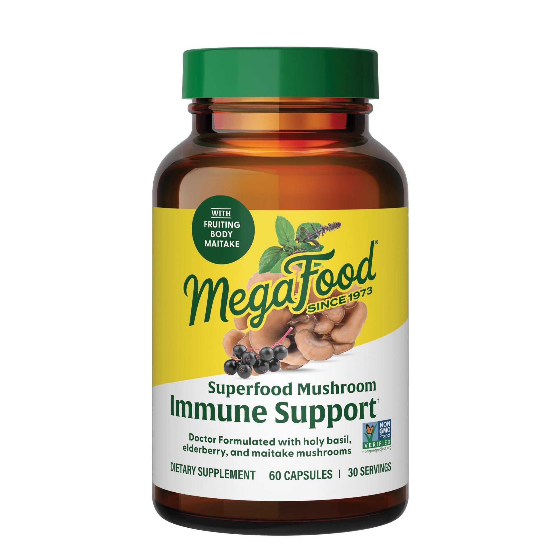 MegaFood Superfood Mushroom Immune Support Maitake Mushroom Supplement with Elderberry & Holy Basil to Help Support a Healthy Immune System Doctor Formulated Vegan, 60 Capsules