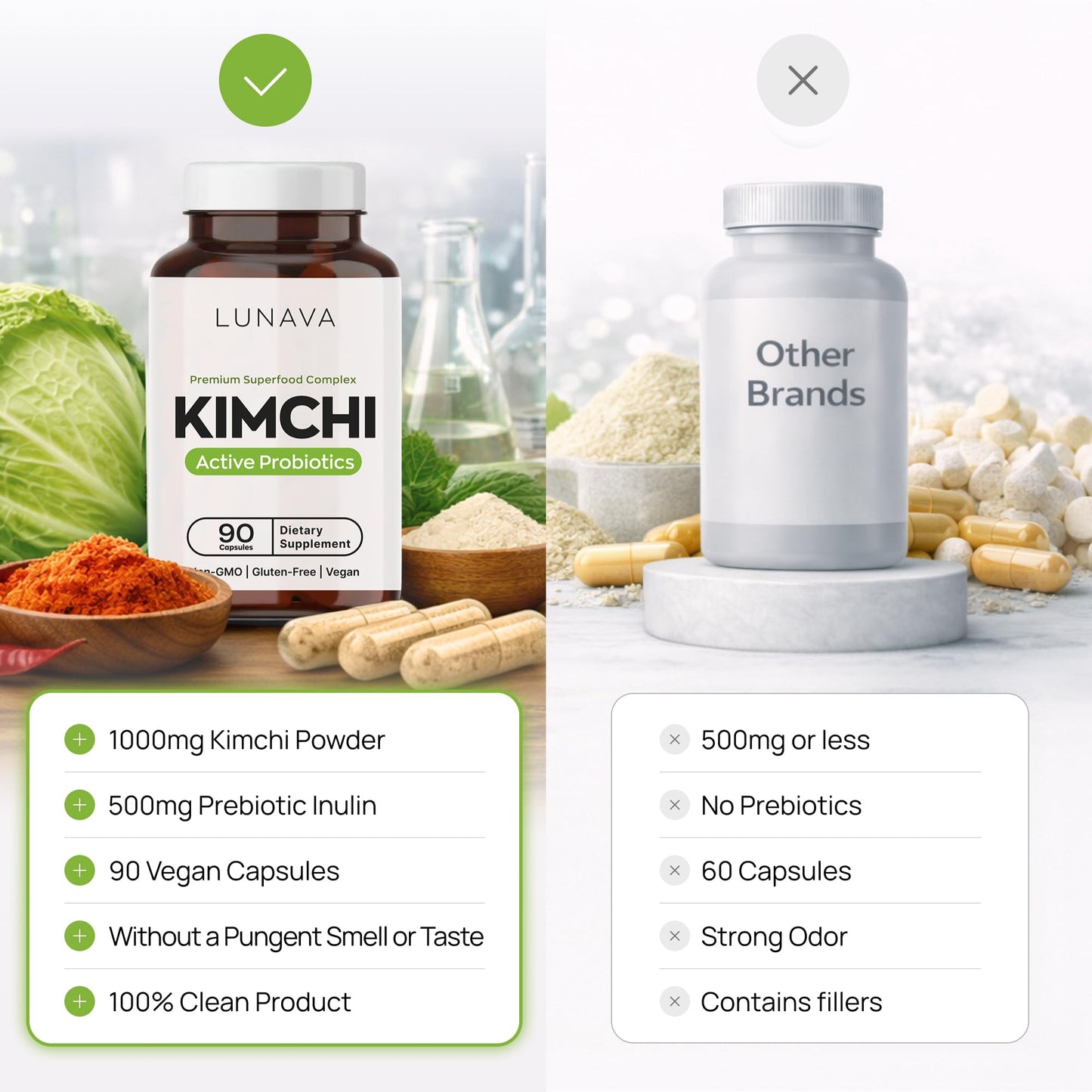 LUNAVA Kimchi Capsules with Prebiotics & Probiotics, Fermented Kimchi Superfood for Digestive & Immune Support, 90 Capsules