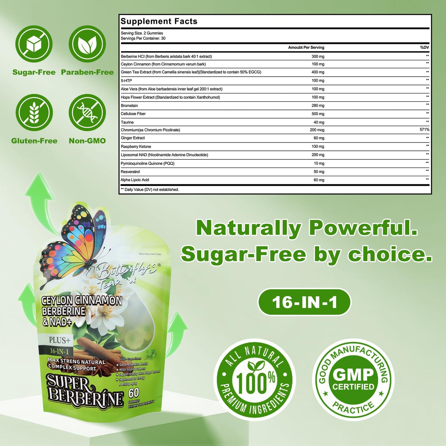 BUTTERFLY'S TEAR Beet Root & Berberine Gummies, Nitric Oxide & Metabolism Support, Energy, Circulation with Cinnamon, Vitamin D3 K2 E, Sugar Free, Non-GMO, 60 Gummies