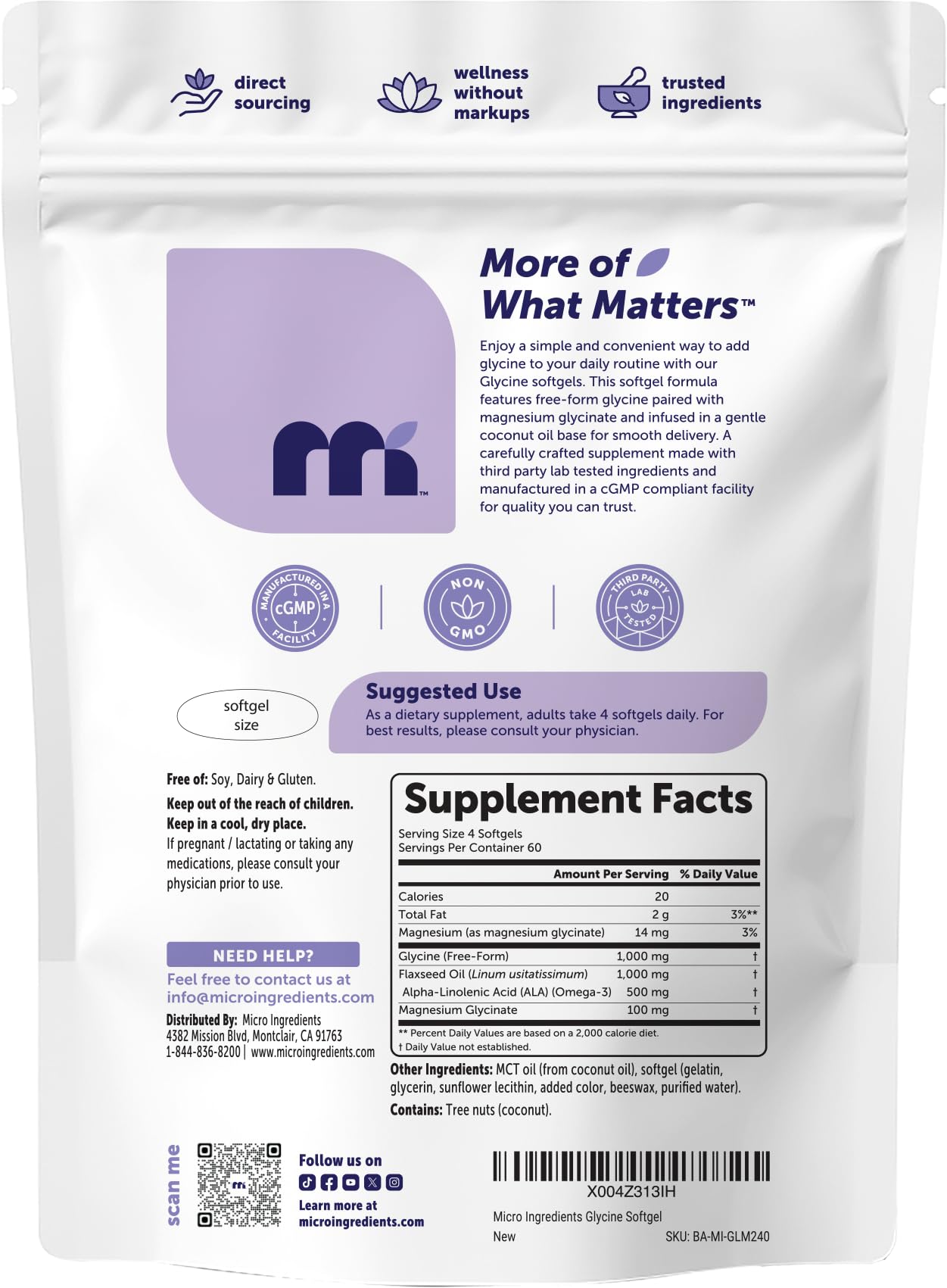 Micro Ingredients Glycine 1,000 mg Per Serving Softgels 240