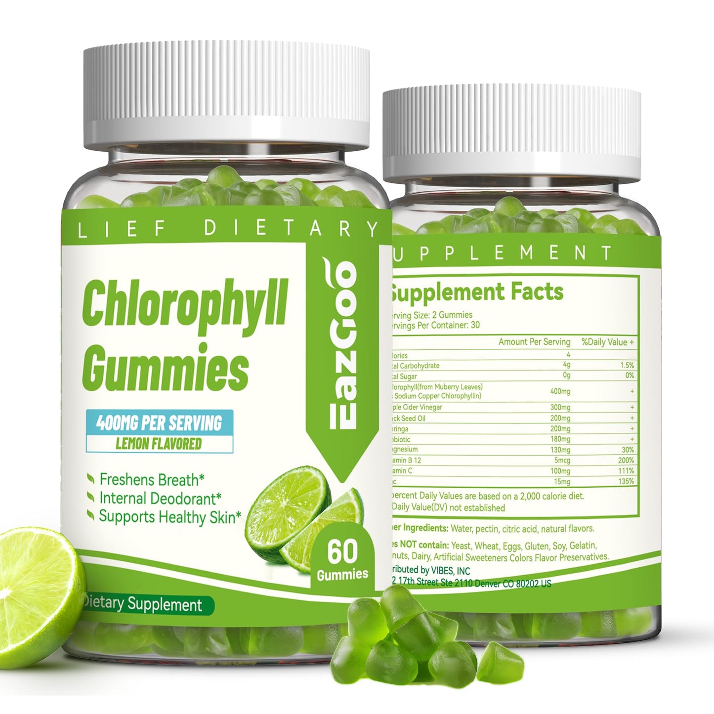 EAZGOO Chlorophyll Gummies with Zinc Vitamin B12 for Body Odor Deodorant, 120 Gummies