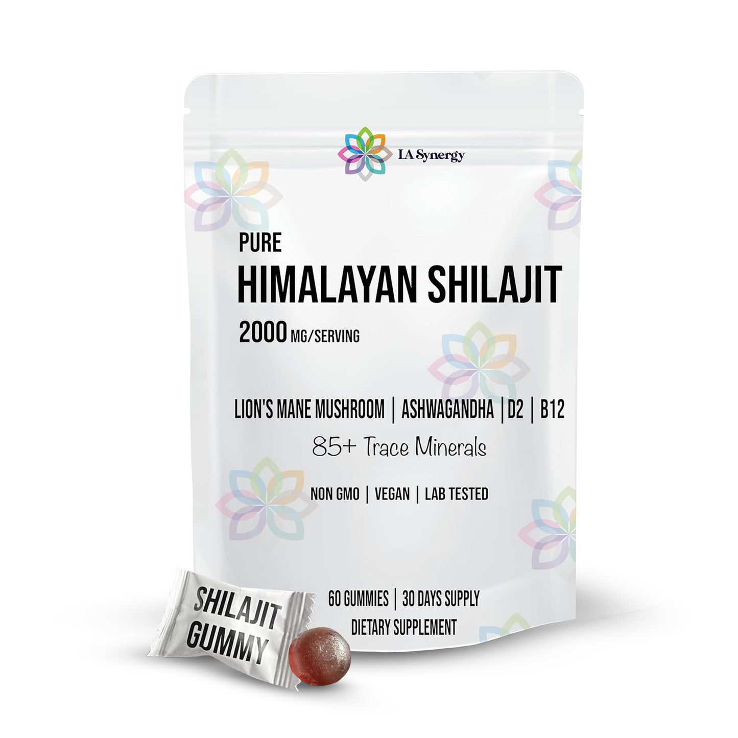 LA Synergy Himalayan Shilajit Gummies with Lion's Mane Mushroom, Ashwagandha, Vitamin D2 & B12 – Natural Dietary Supplement, 60 Count
