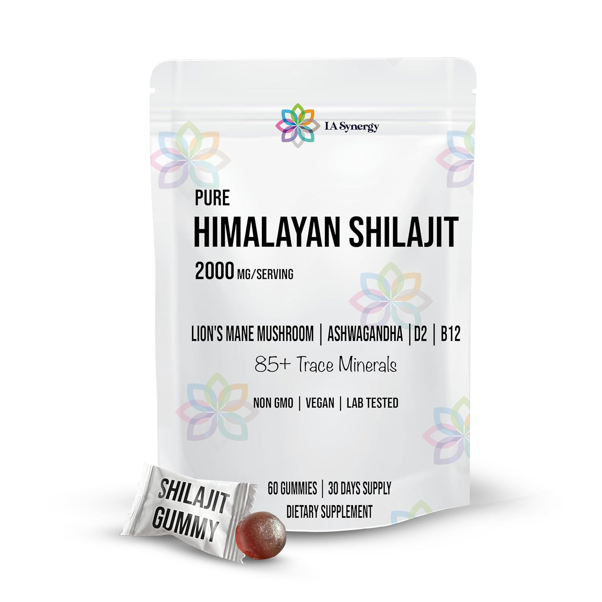 LA Synergy Himalayan Shilajit Gummies with Lion's Mane Mushroom, Ashwagandha, Vitamin D2 & B12 – Natural Dietary Supplement, 60 Count