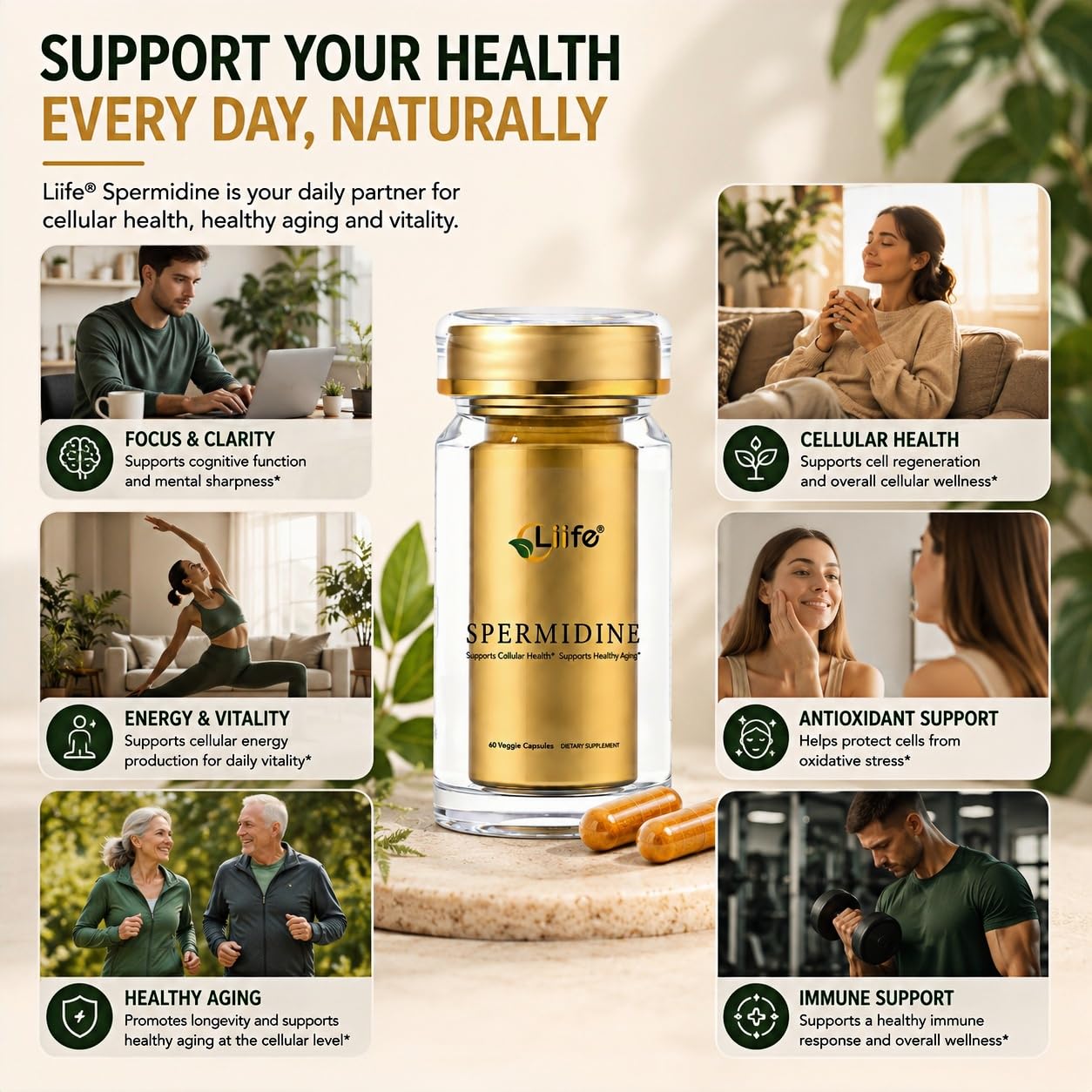LIIFE Spermine Supplement for Women & Men (6-in-1 Formula) Capsules, 60 Count