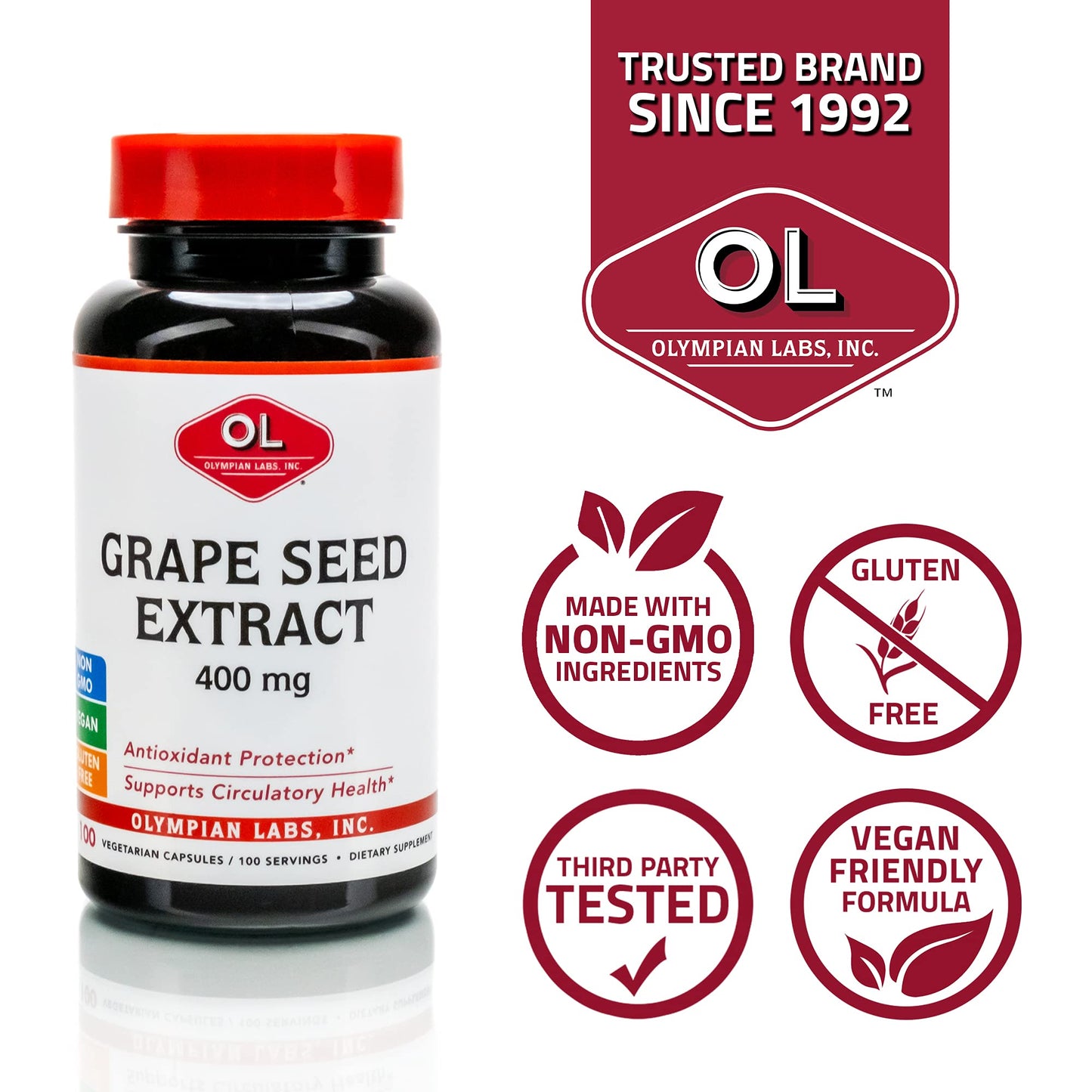 Olympian Labs Grape Seed Extract 400mg Vegan Capsules, 100 Count