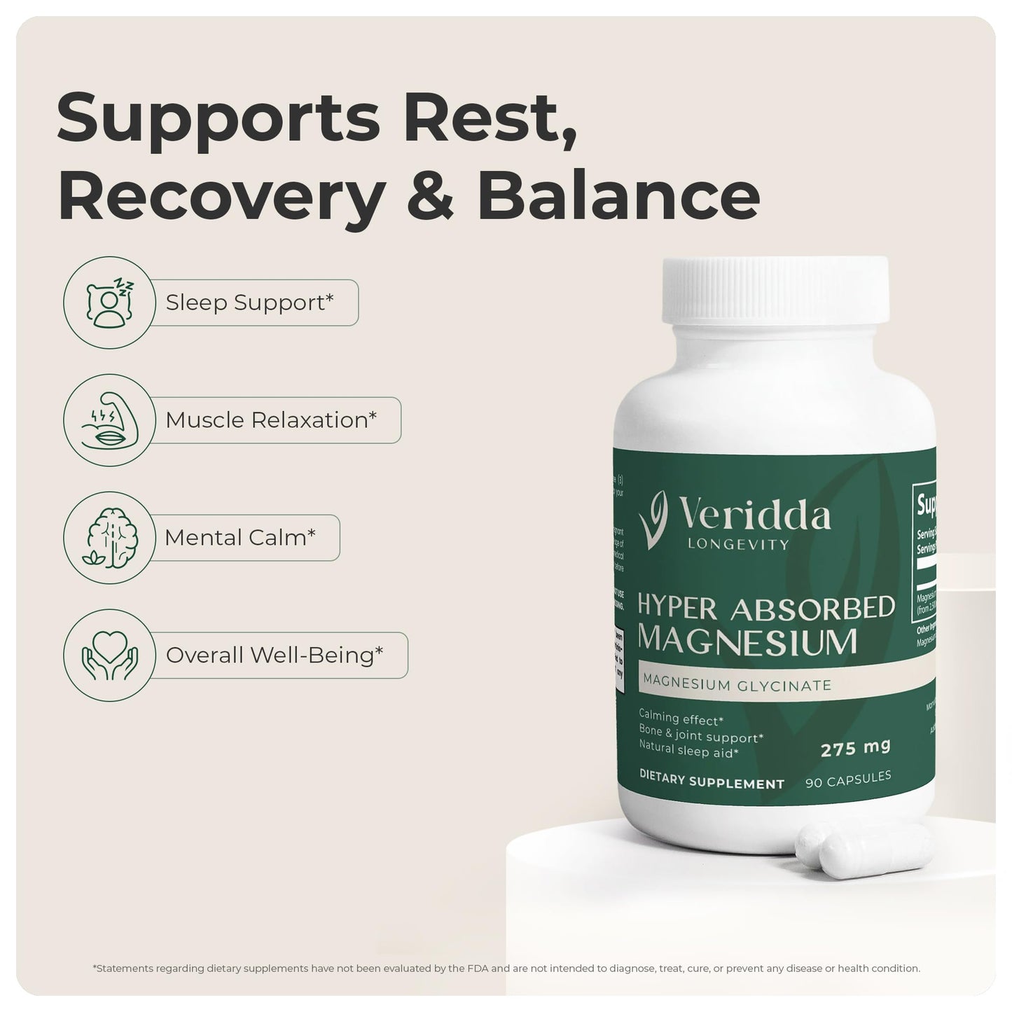 Veridda Longevity Magnesium Glycinate 275 mg Capsules 90 Count
