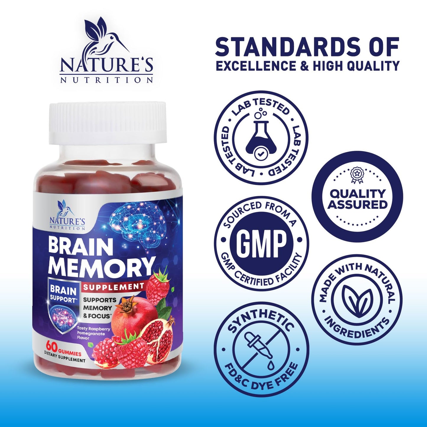 Nature's Nutrition Brain Supplements for Memory & Focus Gummies, 60 Count