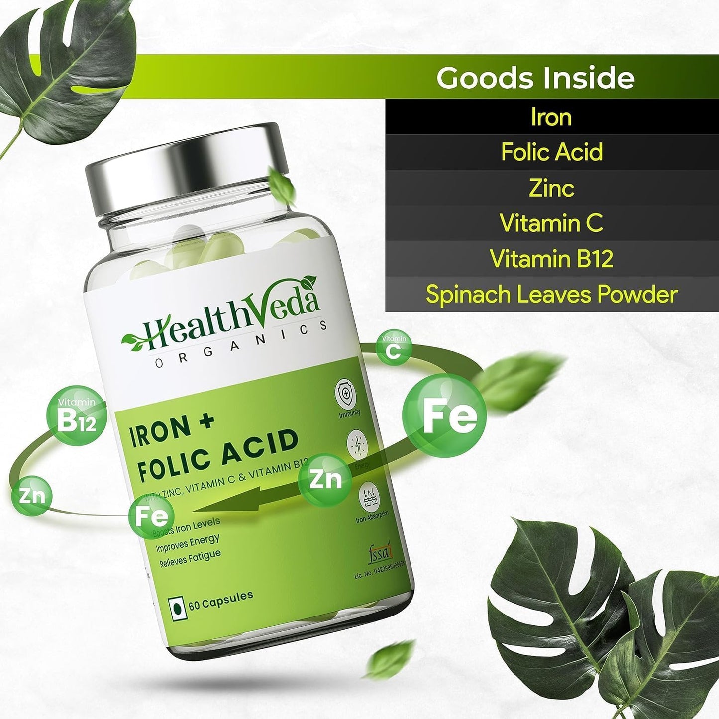 Generic Iron + Folic Acid Supplement with Zinc, Vitamin C & Vitamin B12 Capsules, 60 Count