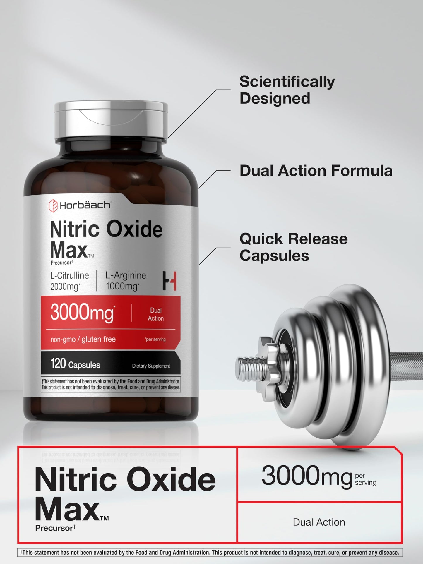 Horbäach Nitric Oxide Supplement 3000mg Capsules 120 Count