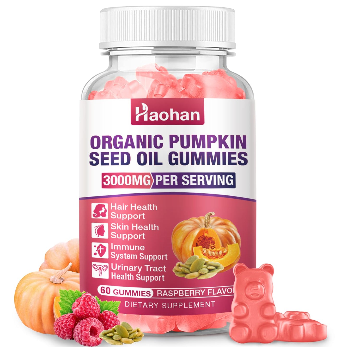 Haohan Pumpkin Seed Oil Gummies with Saw Palmetto for Hair Growth in Women & Men - Organic Hair Skin & Nails Supplement with High-Purity Extract - Raspberry Flavor, Sugar-Free, Non-GMO, 2 Bottles
