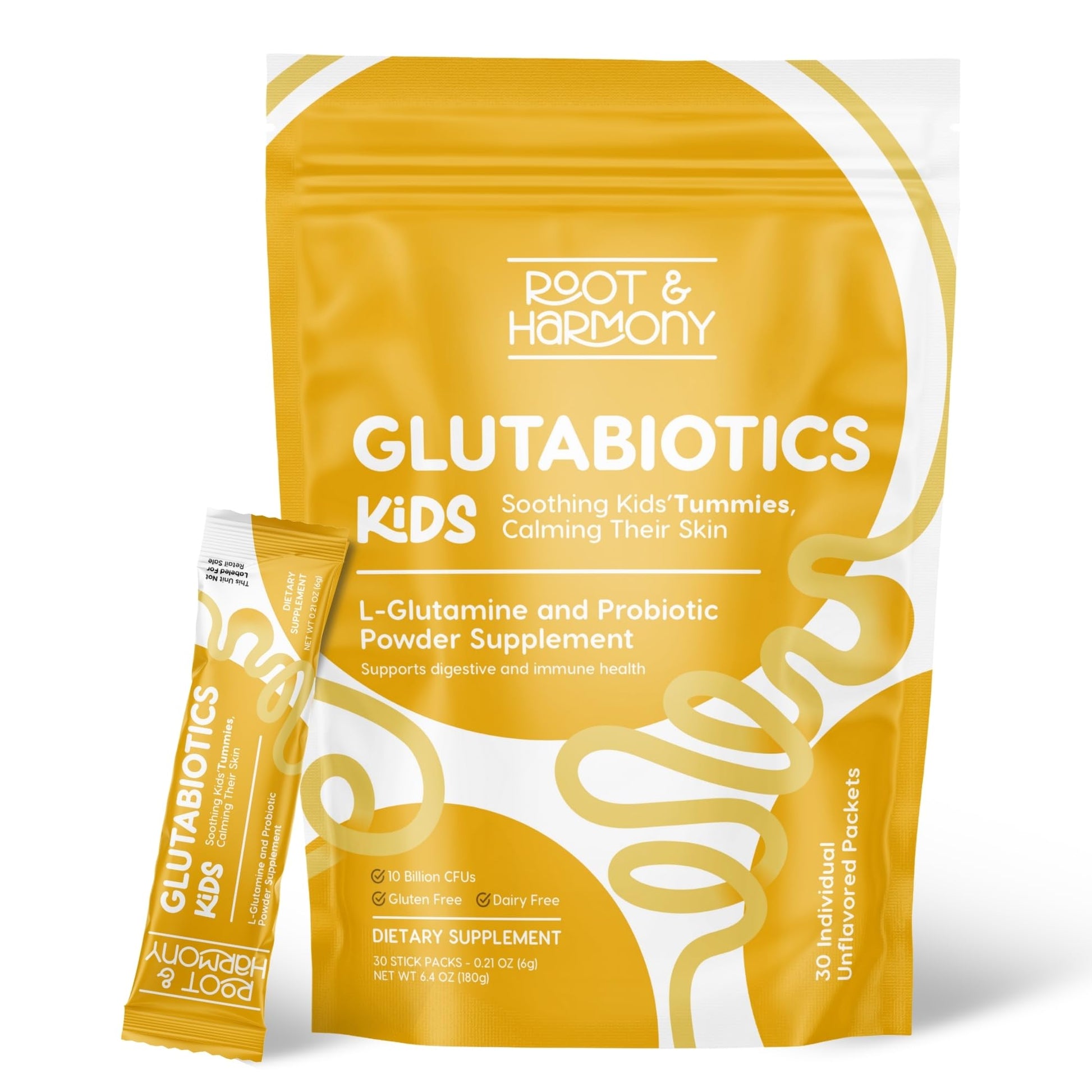 Root and Harmony Glutabiotics Kids Probiotic & L-Glutamine Powder Daily Children's Gut Health, Skin & Immune Support Supplement, 6.4 Ounce