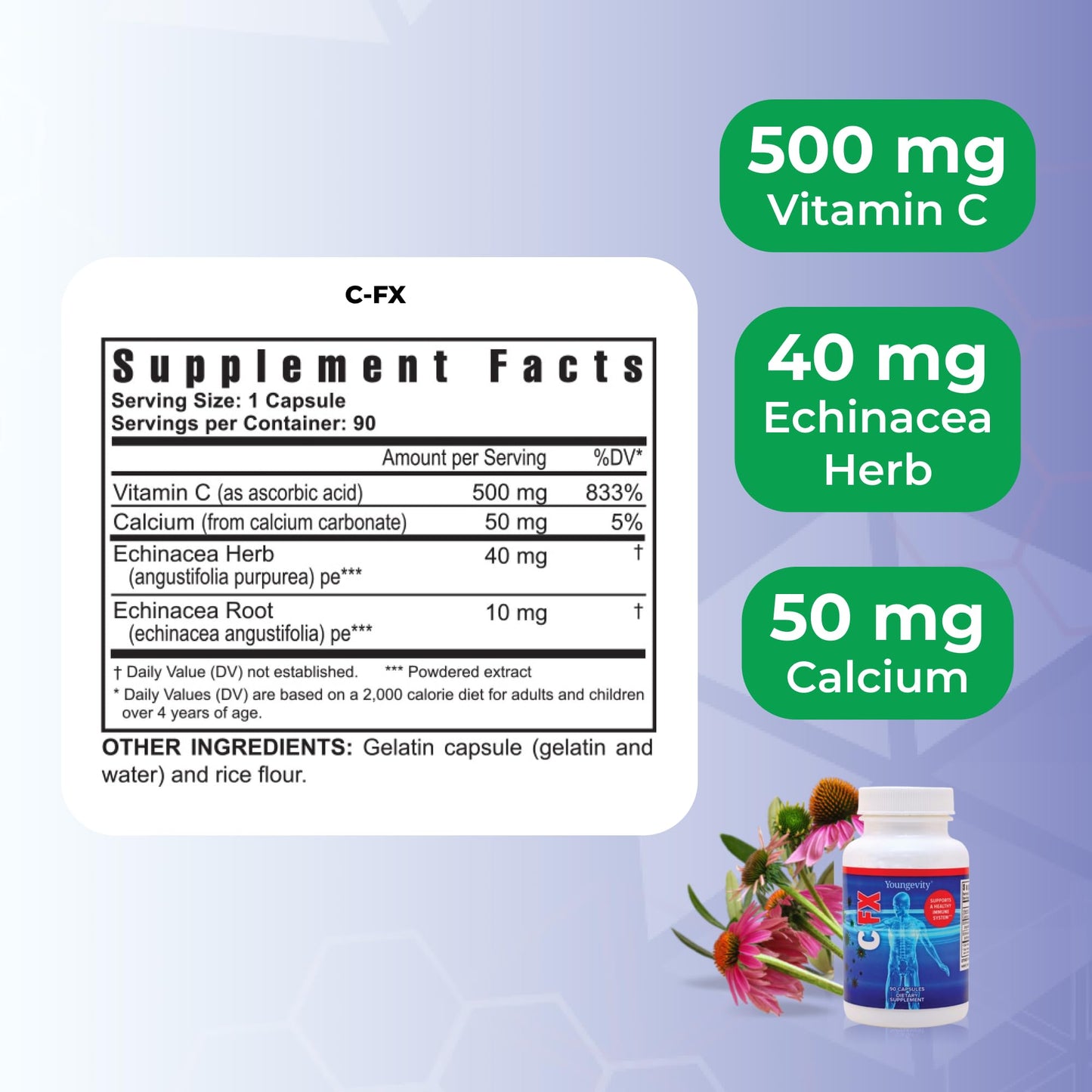 Youngevity C-Fx Vitamin C 500mg Echinacea Herb & Root Immune Support Capsules, 90 Capsules